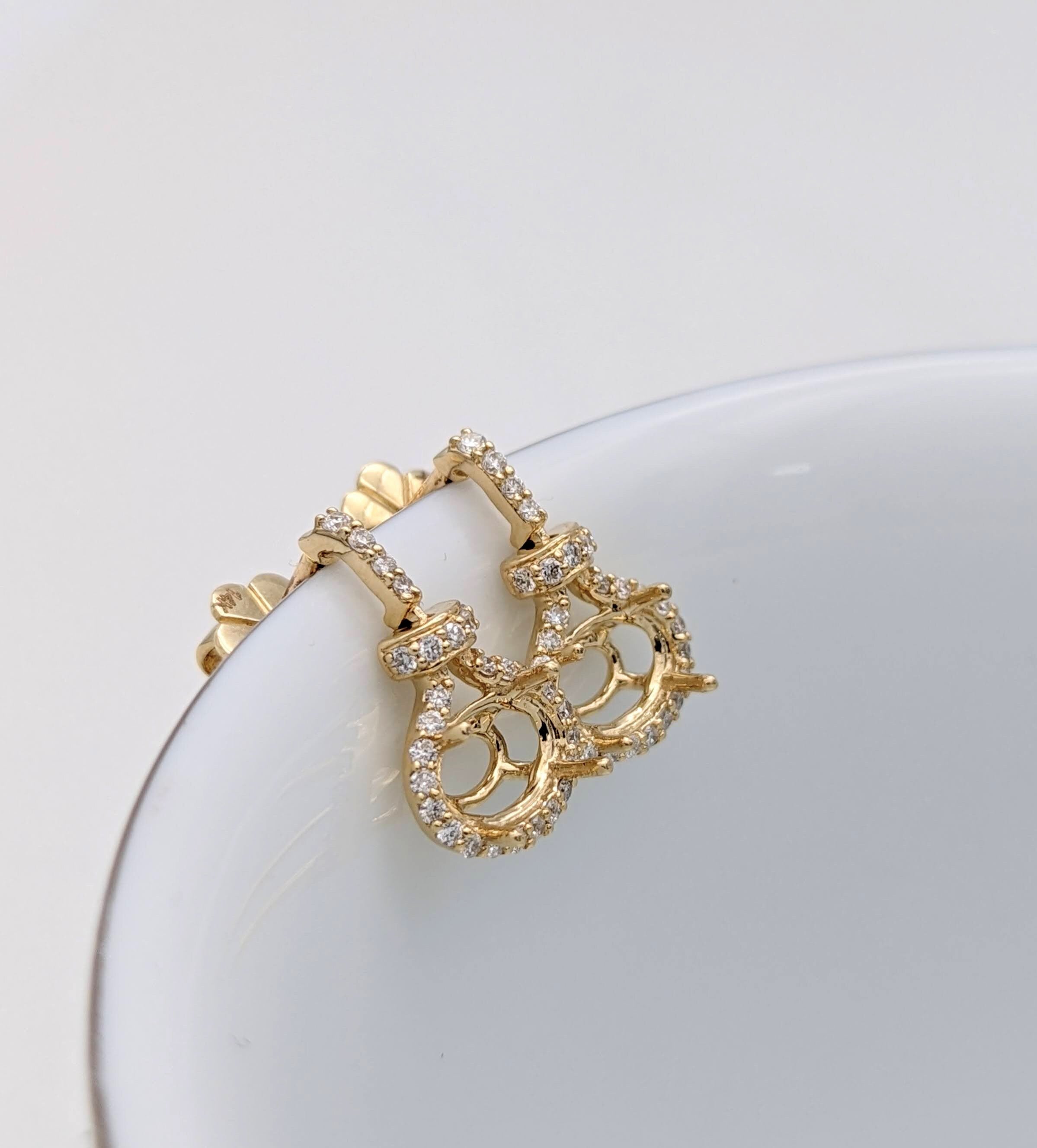 Dangle & Drop Earrings-East West Dangle Drop Earrings Semi Mount w Natural Diamond Accents in 14k Solid Gold | Oval 7x5mm 8x6mm | Rose, White, Yellow |Customizable - NNJGemstones