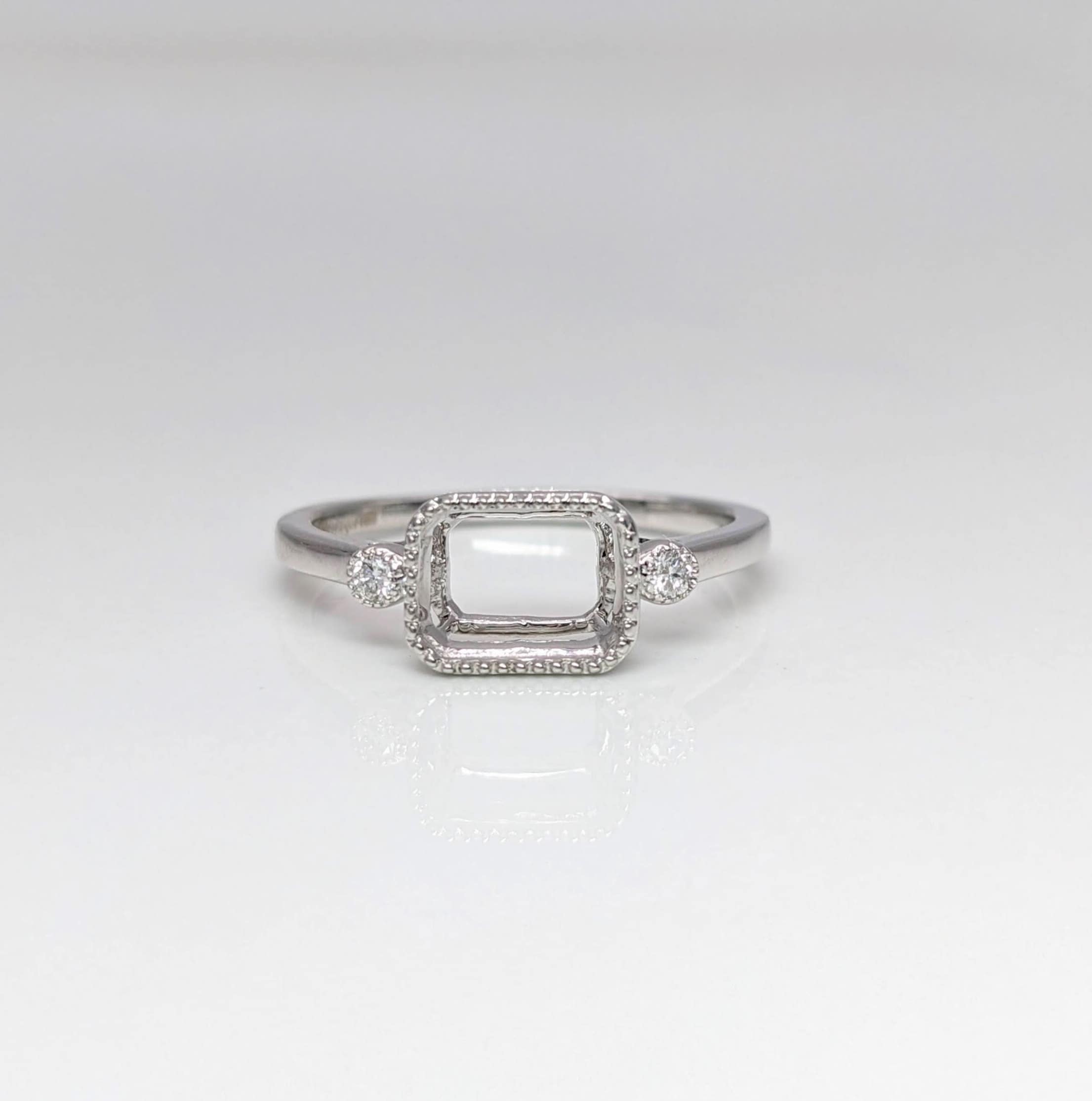 Statement Rings-Cute Emerald Cut Ring Semi Mount in Solid 14k Gold w Diamond Accents | Milgrain Detail | 6x4 7x5 8x6 9x7 10x8 | East West Ring | Bezel Set - NNJGemstones
