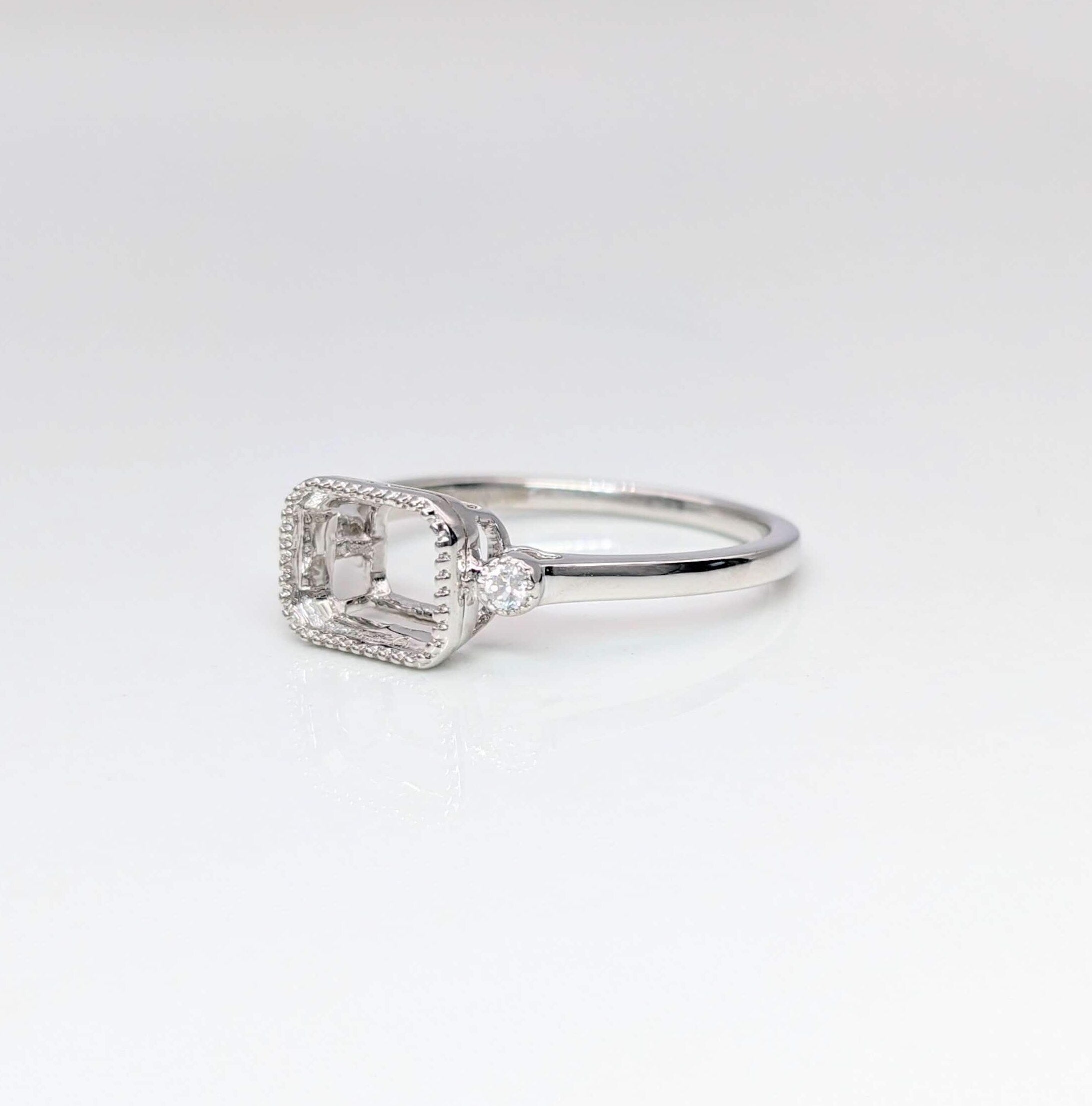 Statement Rings-Cute Emerald Cut Ring Semi Mount in Solid 14k Gold w Diamond Accents | Milgrain Detail | 6x4 7x5 8x6 9x7 10x8 | East West Ring | Bezel Set - NNJGemstones