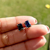 Solitaire Emerald Cut Twilight Blue Sapphire Solitaire Stud Earrings | 7x5mm