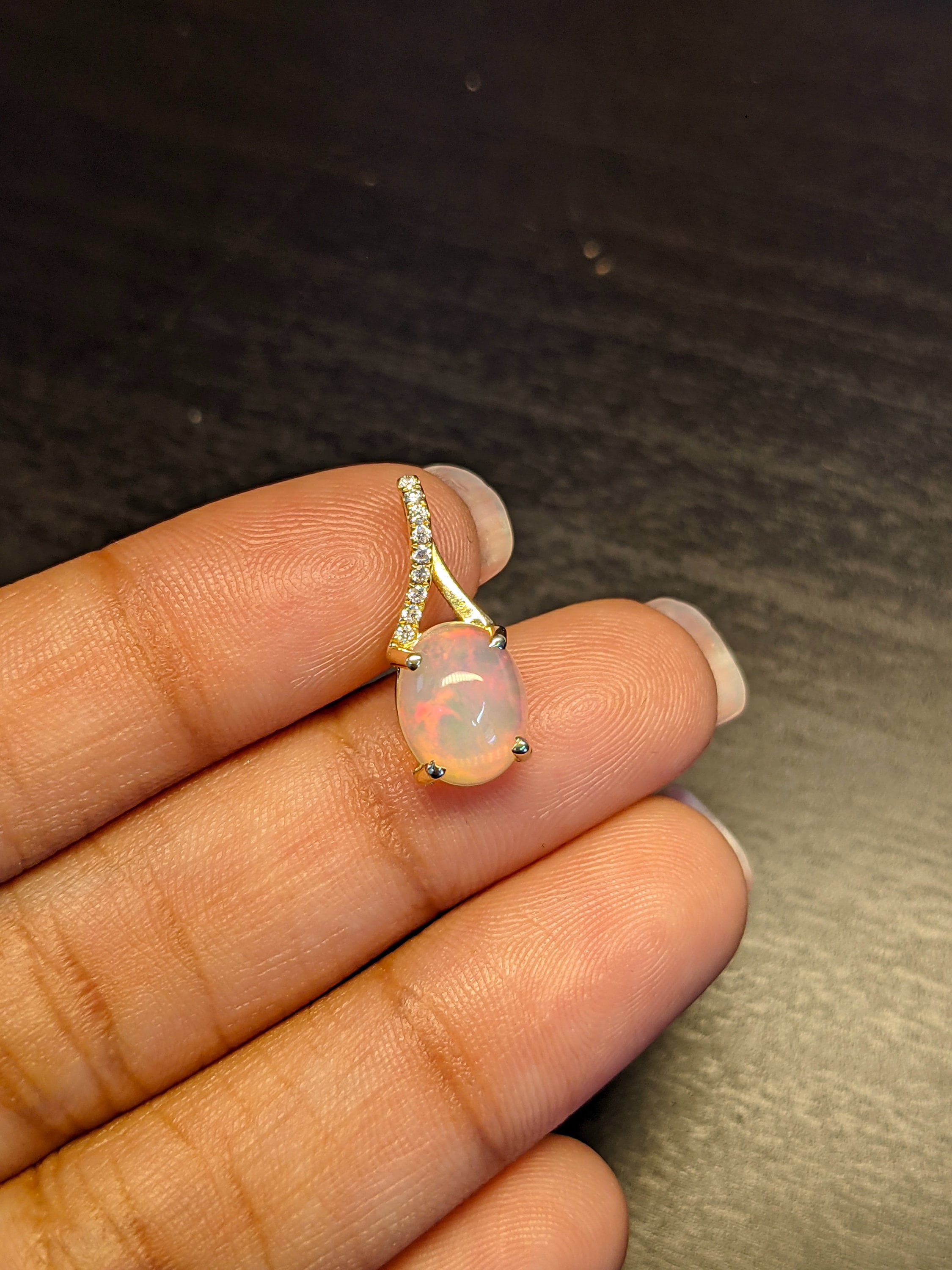 Pendants-Ethiopian Opal Pendant W All Natural Diamond Accents in 14k Solid Gold | Oval Shape | Jelly Opal | October Birthstone | Customizable - NNJGemstones