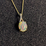 Pendants-Ethiopian Opal Pendant W All Natural Diamond Accents in 14k Solid Gold | Oval Shape | Jelly Opal | October Birthstone | Customizable - NNJGemstones