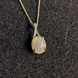 Pendants-Ethiopian Opal Pendant W All Natural Diamond Accents in 14k Solid Gold | Oval Shape | Jelly Opal | October Birthstone | Customizable - NNJGemstones