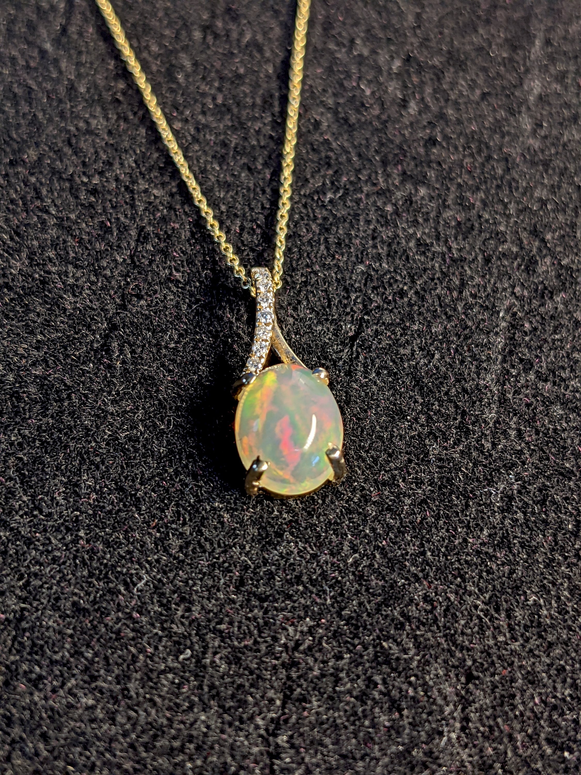 Pendants-Ethiopian Opal Pendant W All Natural Diamond Accents in 14k Solid Gold | Oval Shape | Jelly Opal | October Birthstone | Customizable - NNJGemstones