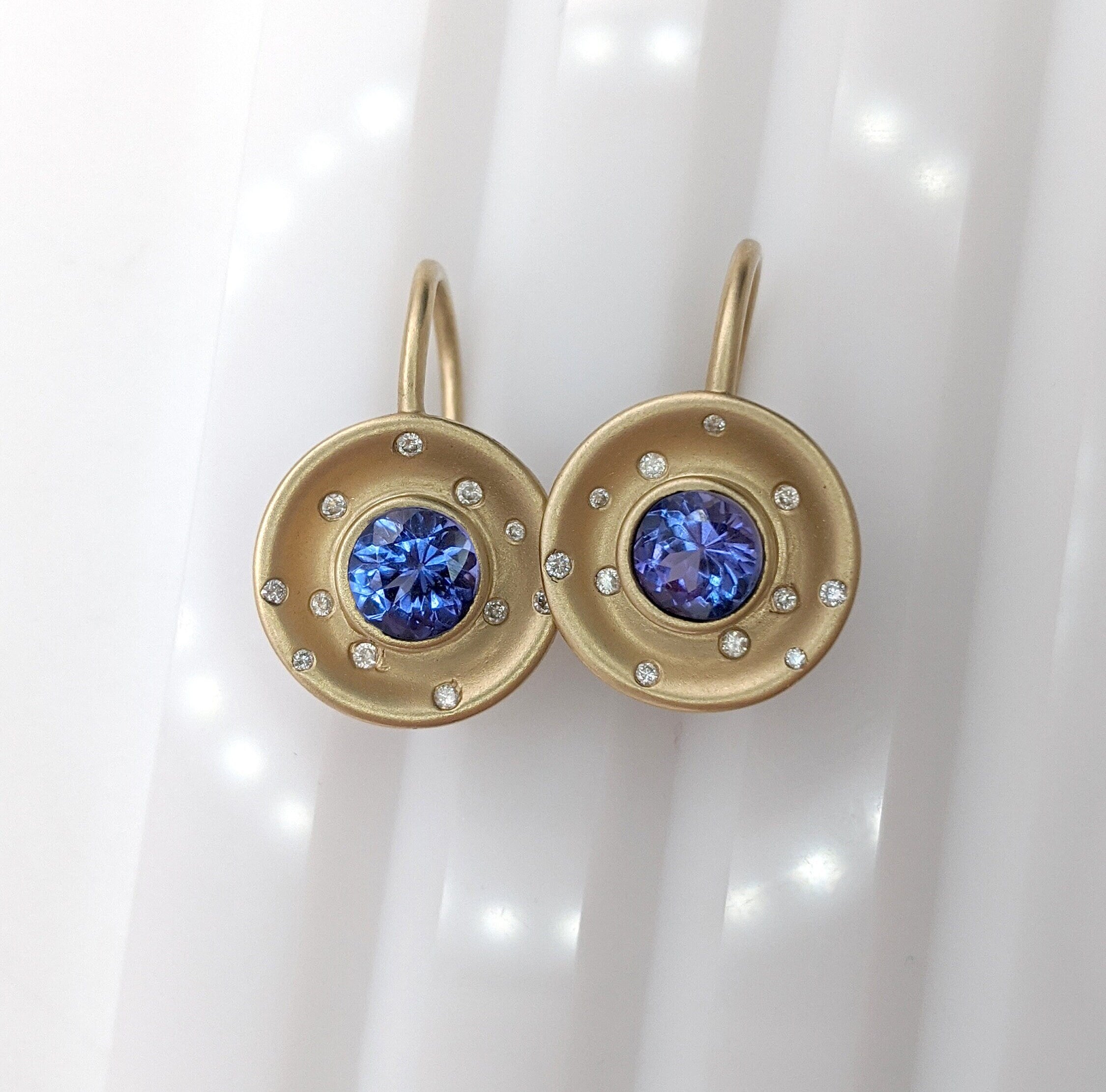 Dangle & Drop Earrings-Dangle Bezel Set Earring Semi Mount in 14k Solid Matte or Polished Gold w Flush Set Diamond Accents | Round 5mm | Fish Hook Backing | Custom - NNJGemstones