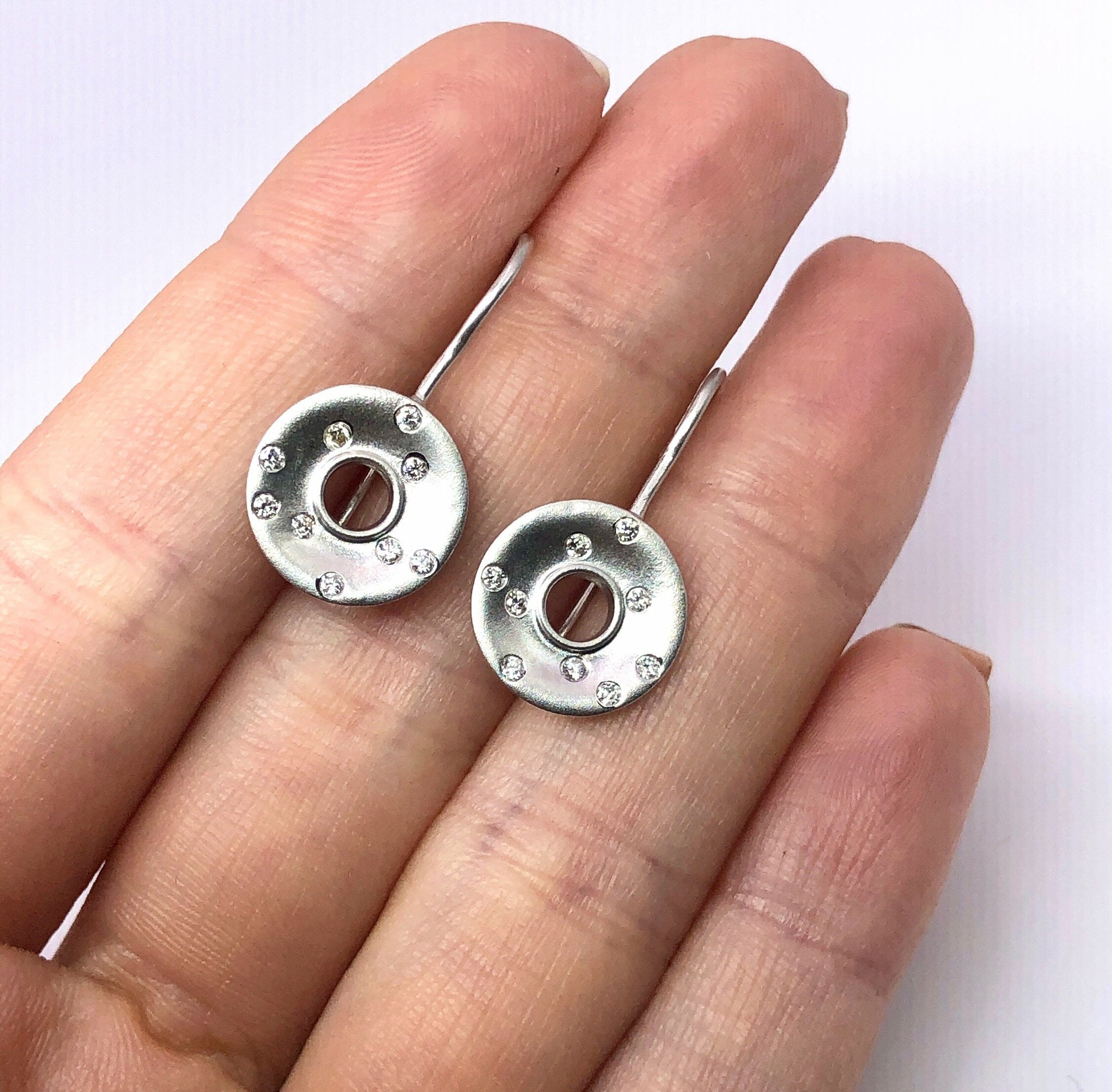 Dangle & Drop Earrings-Dangle Bezel Set Earring Semi Mount in 14k Solid Matte or Polished Gold w Flush Set Diamond Accents | Round 5mm | Fish Hook Backing | Custom - NNJGemstones