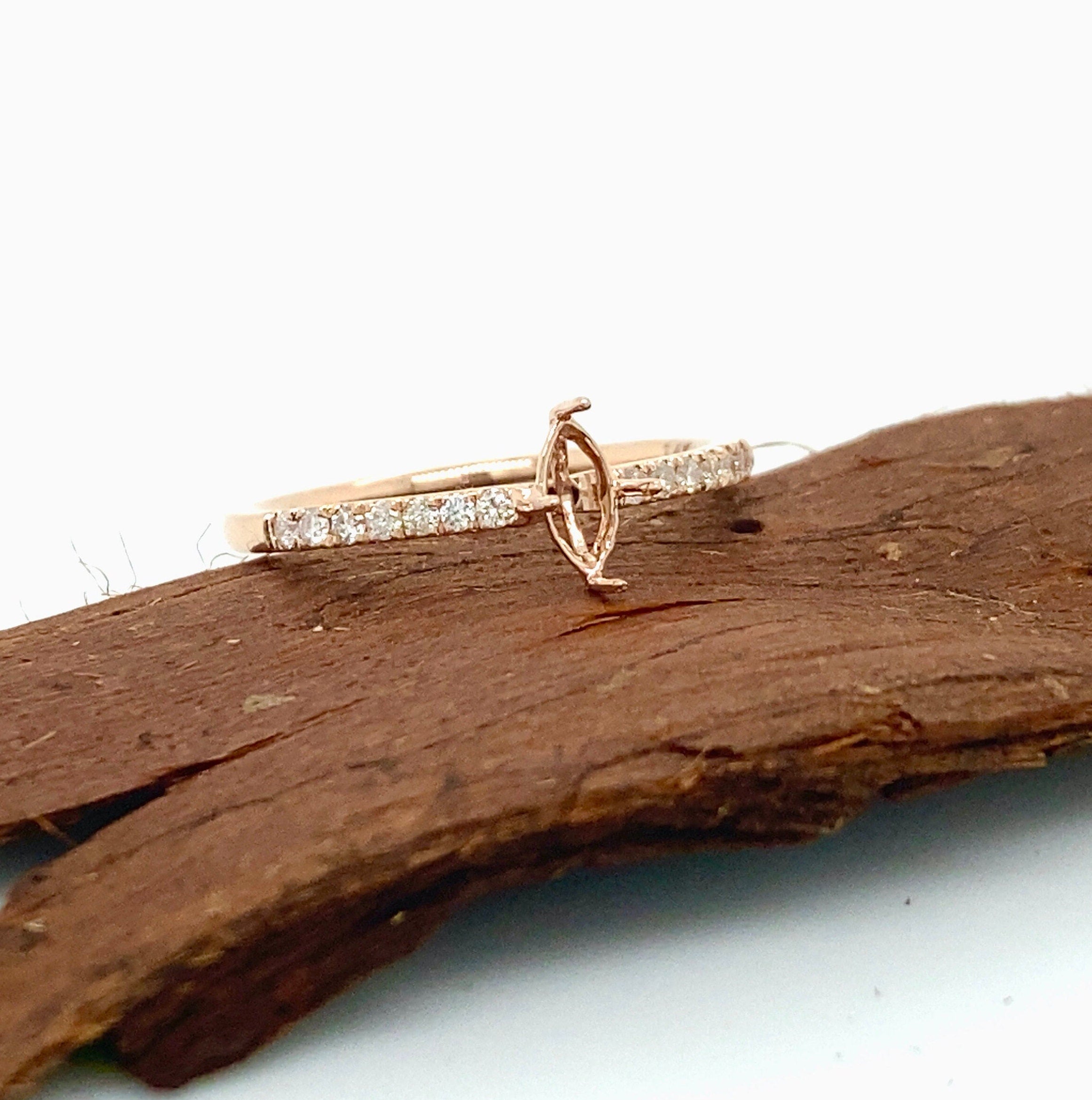 Statement Rings-Dainty Ring Setting w Pave Diamond Shank in Solid 14K Gold | Marquise 6x3 7x3.5 8x4 | Stone Setting | Gemstone Jewelry | Customizable - NNJGemstones