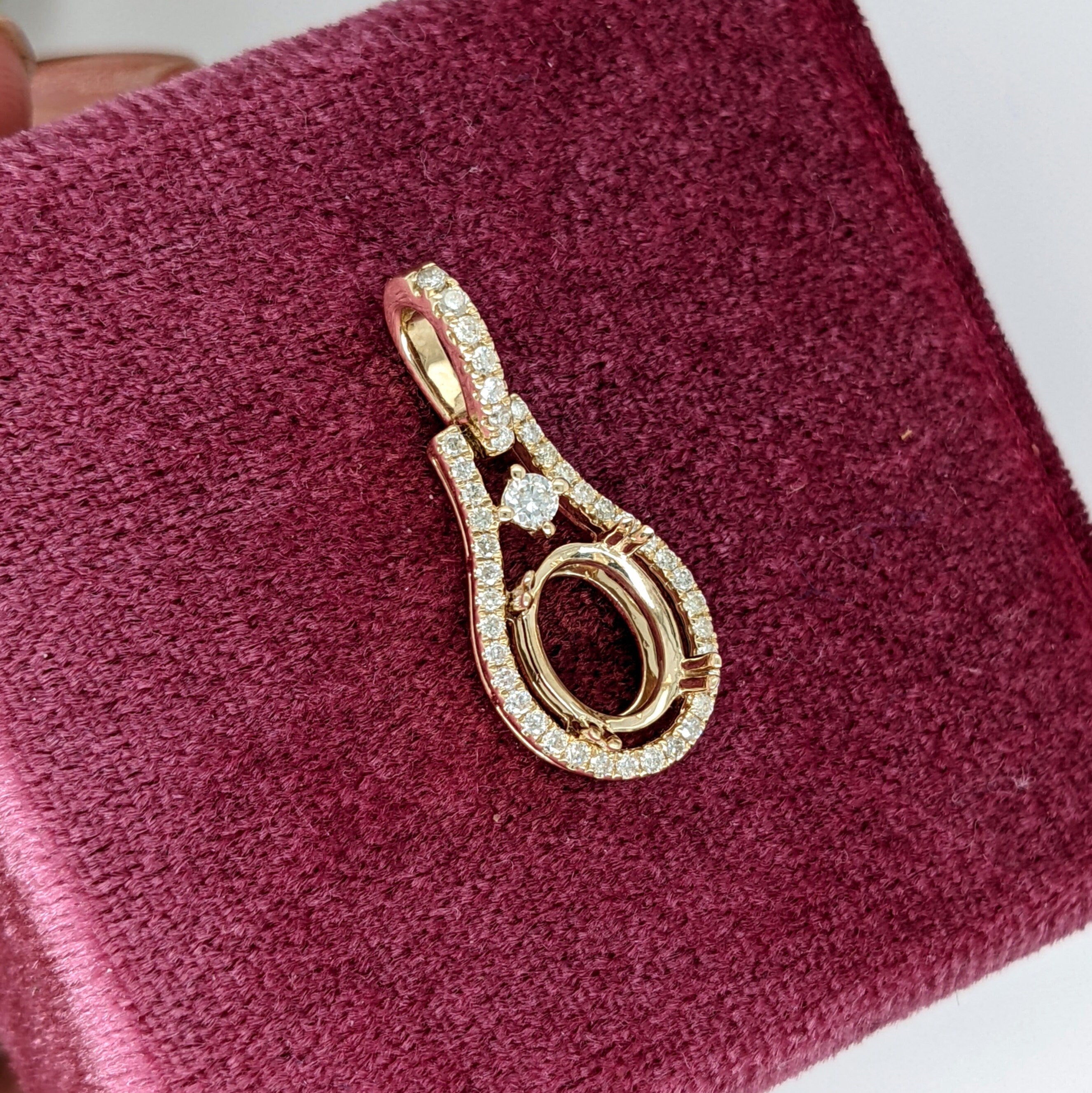 Pendants-Delicate Necklace Pendant Setting in 14K Gold with Diamond Halo | Oval Shape Semi Mount | 7x5mm 8x6mm 9x7mm | Push Present | Custom Jewelry - NNJGemstones