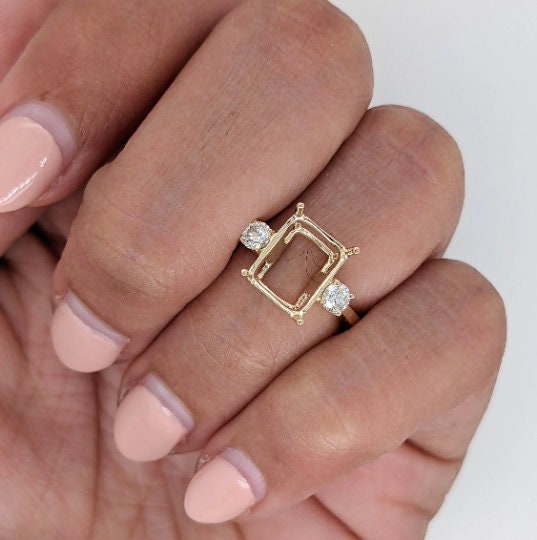 Statement Rings-Minimalist Diamond Accented Ring Setting in 14K Solid Gold | Emerald Cut 8x6 13x10 16x14 | Statement Ring | Tapered Shank | Customizable - NNJGemstones