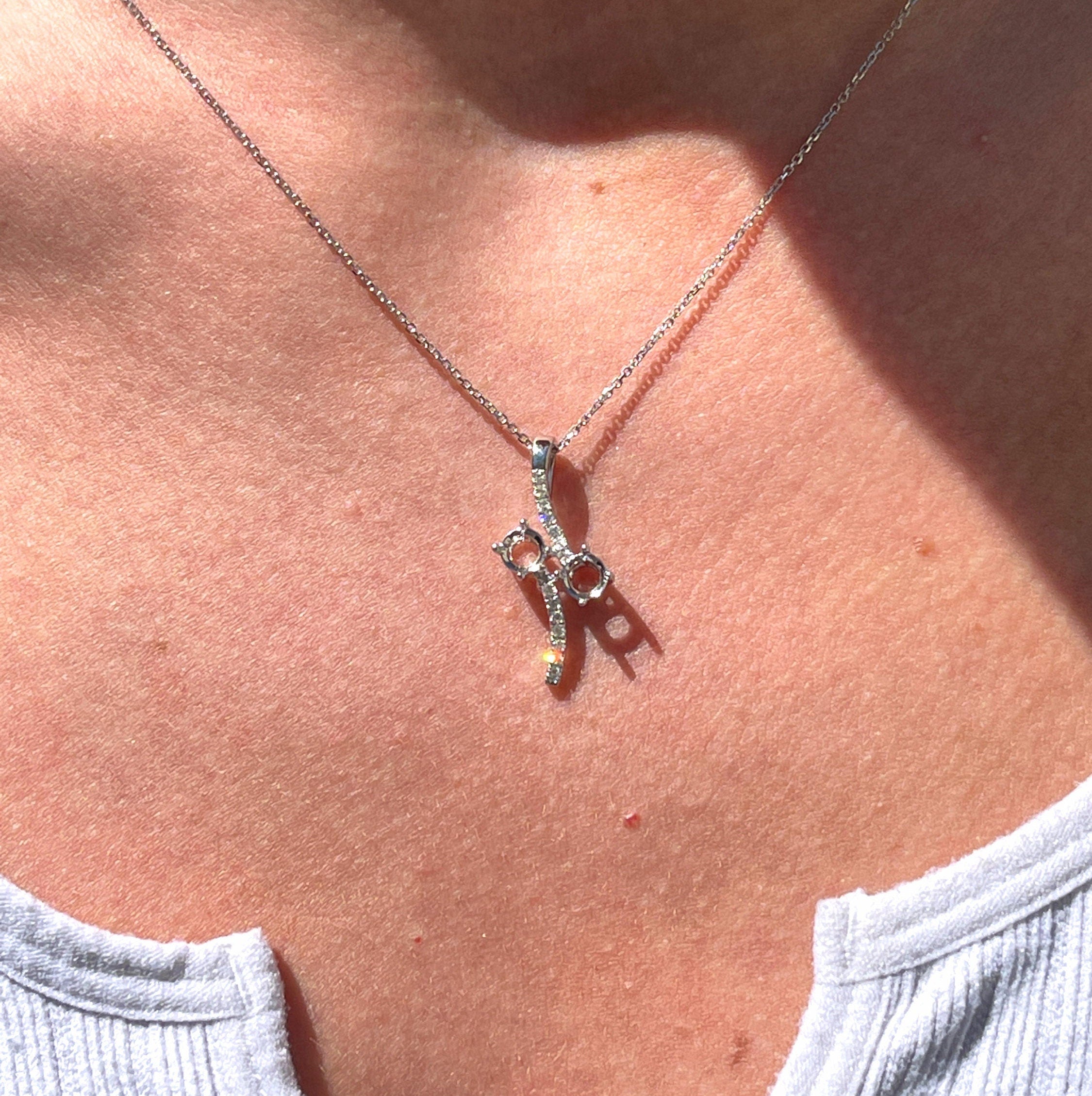 Pendants-Toi et Moi Diamond Pave Pendant Setting in 14K Solid Gold | Round Shape 4mm 4.5mm 5mm | Gemstone Setting | 2 stone Semi Mount | Customizable - NNJGemstones