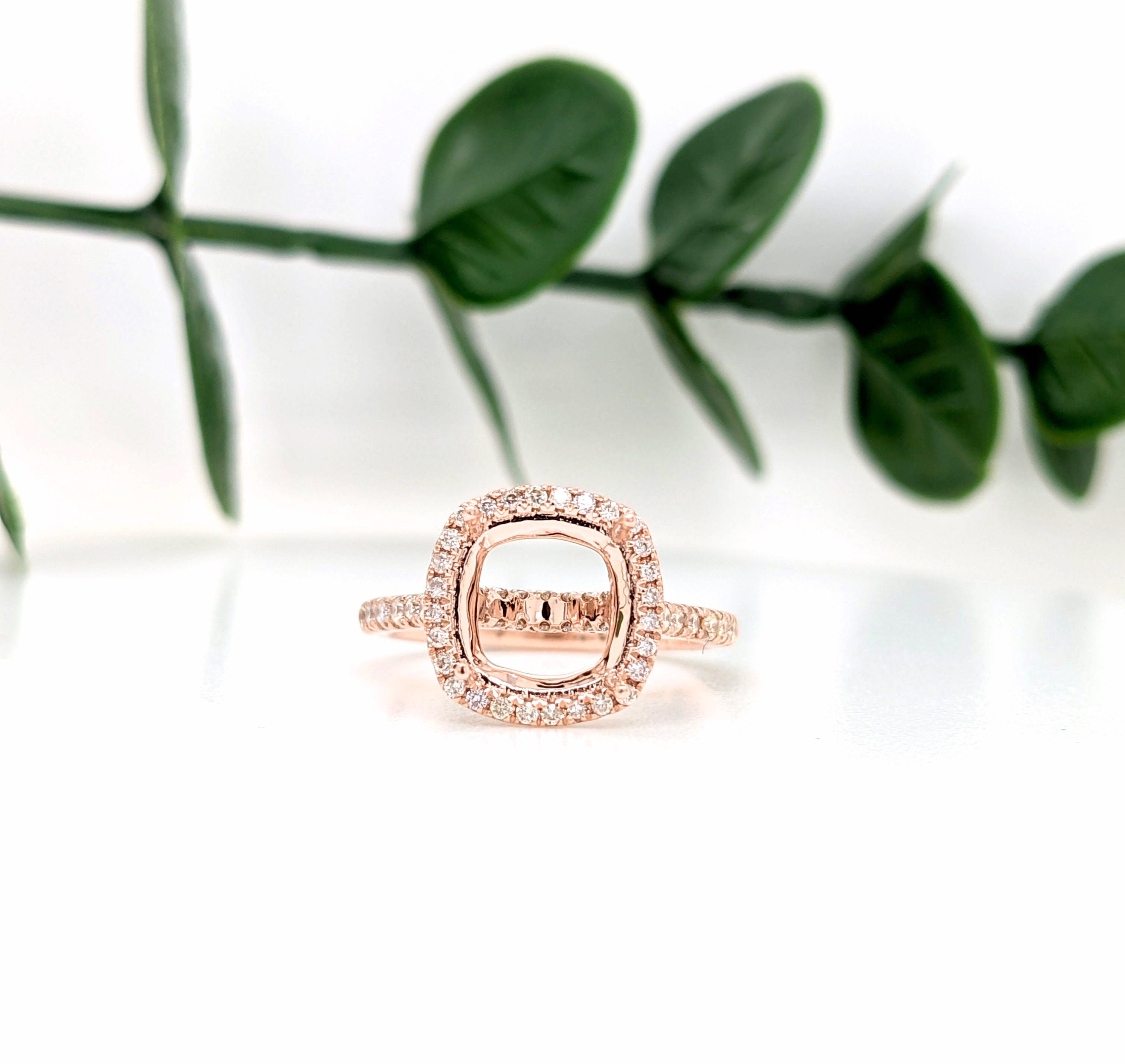 Statement Rings-Classic Halo Ring Setting W Natural Diamond Accents in 14K Solid Gold | Cushion Shape 7mm 8mm 9mm | Bridal Ring Setting | Customizable - NNJGemstones