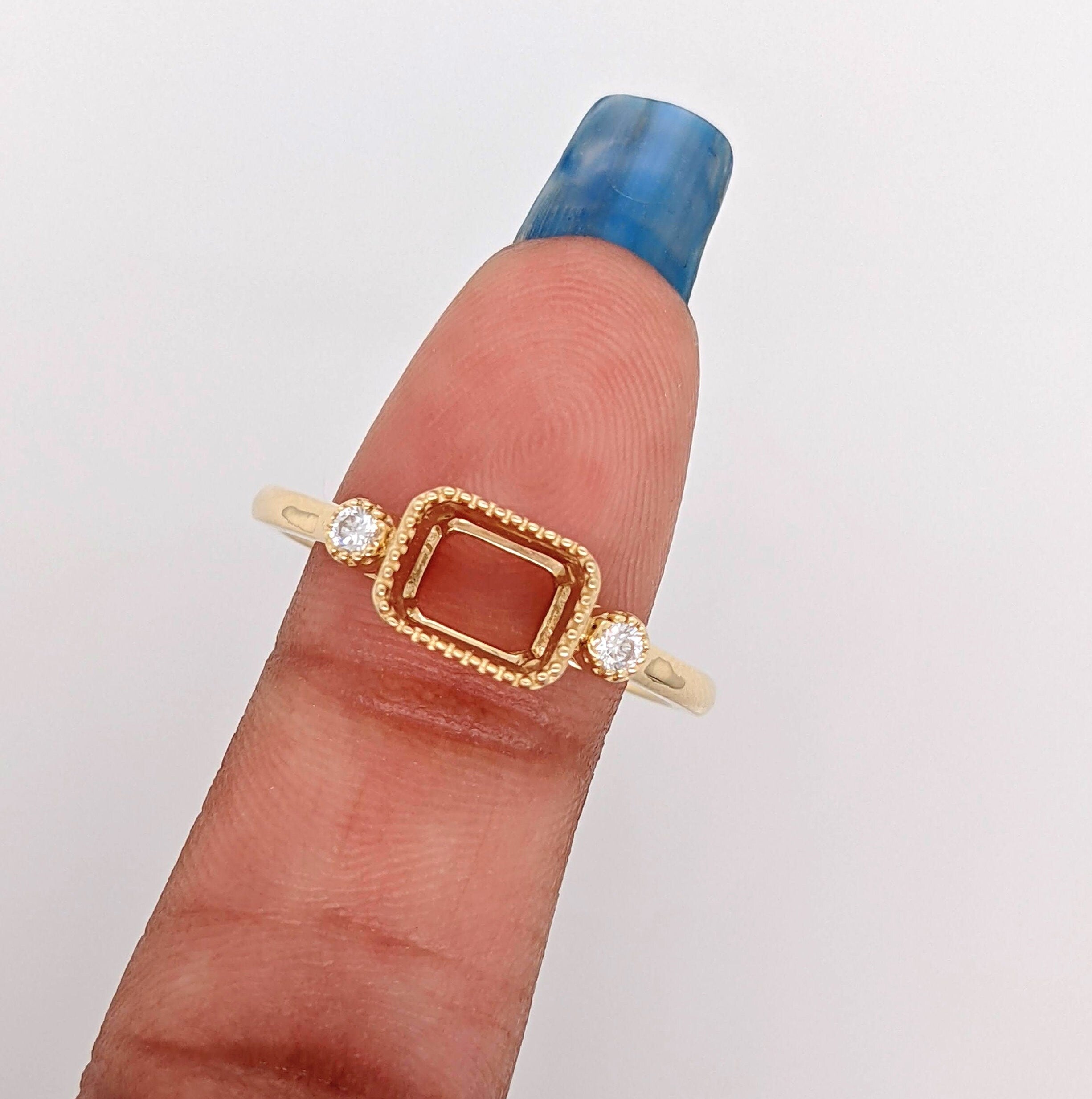 Statement Rings-Cute Emerald Cut Ring Semi Mount in Solid 14k Gold w Diamond Accents | Milgrain Detail | 6x4 7x5 8x6 9x7 10x8 | East West Ring | Bezel Set - NNJGemstones