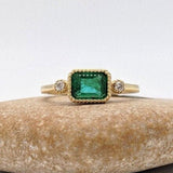 Statement Rings-Cute Emerald Cut Ring Semi Mount in Solid 14k Gold w Diamond Accents | Milgrain Detail | 6x4 7x5 8x6 9x7 10x8 | East West Ring | Bezel Set - NNJGemstones