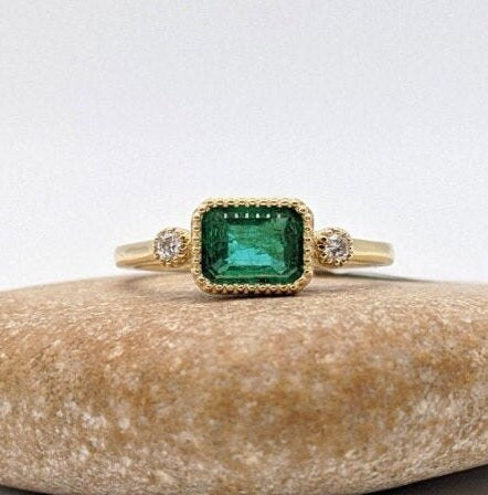 Statement Rings-Cute Emerald Cut Ring Semi Mount in Solid 14k Gold w Diamond Accents | Milgrain Detail | 6x4 7x5 8x6 9x7 10x8 | East West Ring | Bezel Set - NNJGemstones