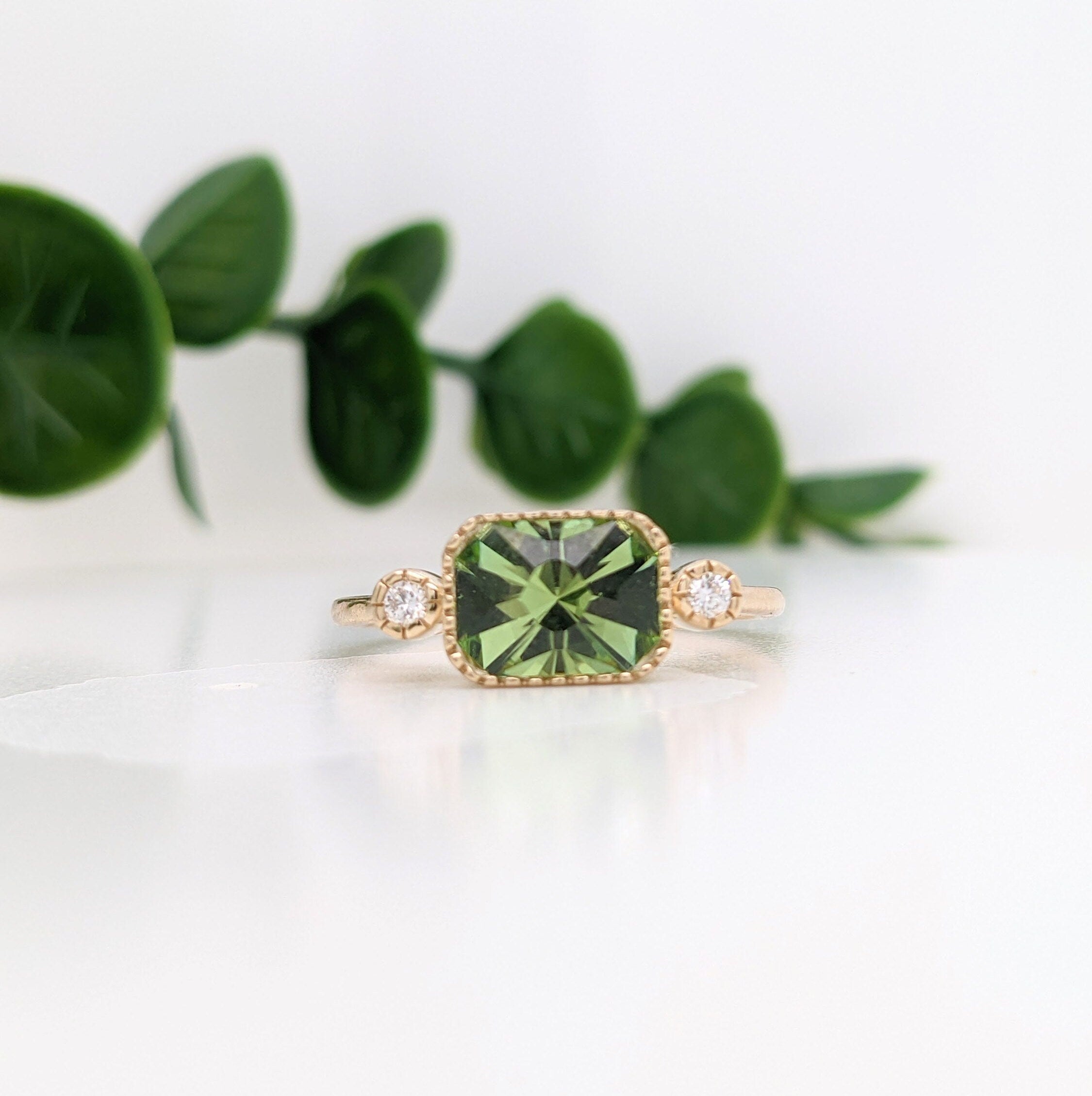 Statement Rings-Cute Emerald Cut Ring Semi Mount in Solid 14k Gold w Diamond Accents | Milgrain Detail | 6x4 7x5 8x6 9x7 10x8 | East West Ring | Bezel Set - NNJGemstones