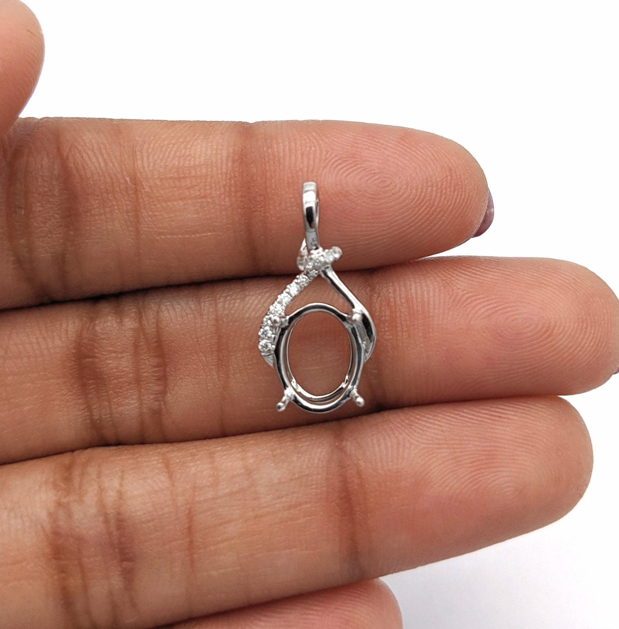 Pendants-Unique Asymmetrical Pendant Setting W Pave Diamond Detail in 14K Solid Gold | Oval Shape 7x5 8x6 9x7 | Gemstone Necklace | Customizable - NNJGemstones