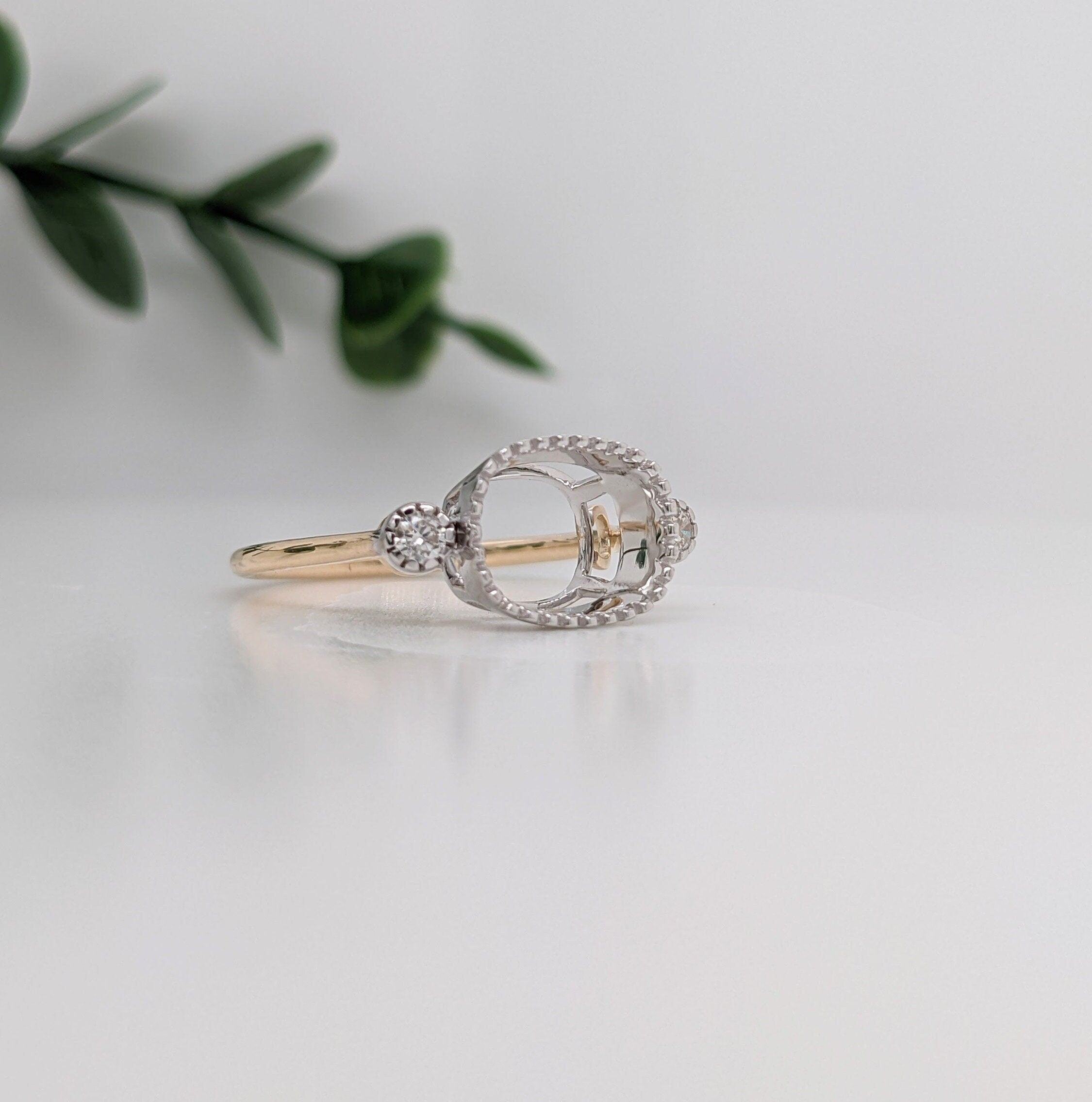 Statement Rings-East West Cushion Cut Ring Setting w Natural Diamond Accents and Milgrain Detail in 14K Solid Gold | 7x5 8x6 9x7 | Bezel Set | Customizable - NNJGemstones