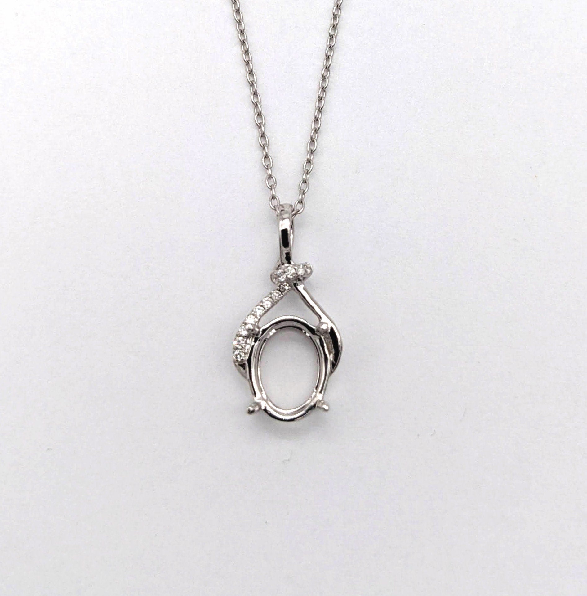 Pendants-Unique Asymmetrical Pendant Setting W Pave Diamond Detail in 14K Solid Gold | Oval Shape 7x5 8x6 9x7 | Gemstone Necklace | Customizable - NNJGemstones