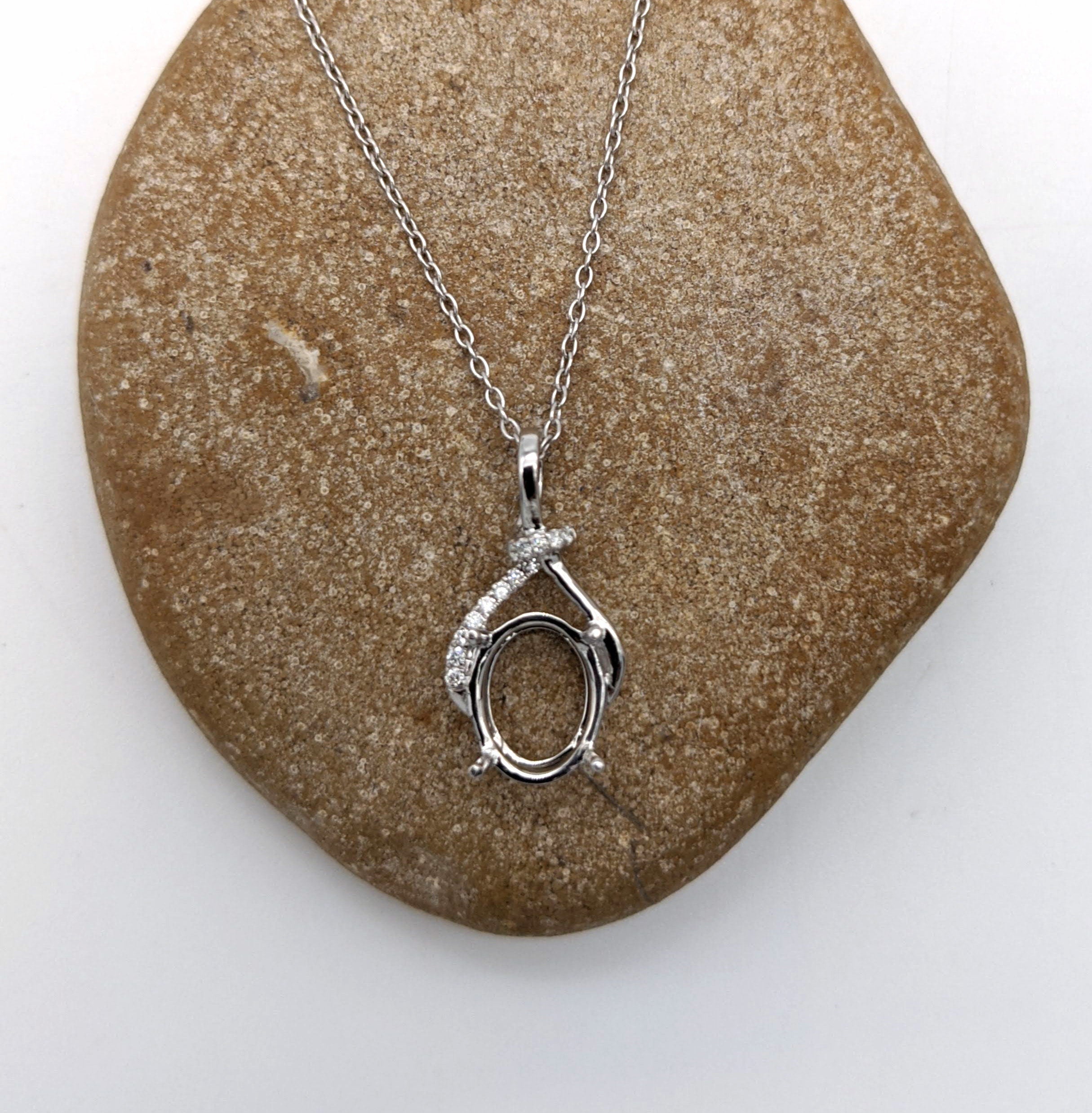 Pendants-Unique Asymmetrical Pendant Setting W Pave Diamond Detail in 14K Solid Gold | Oval Shape 7x5 8x6 9x7 | Gemstone Necklace | Customizable - NNJGemstones