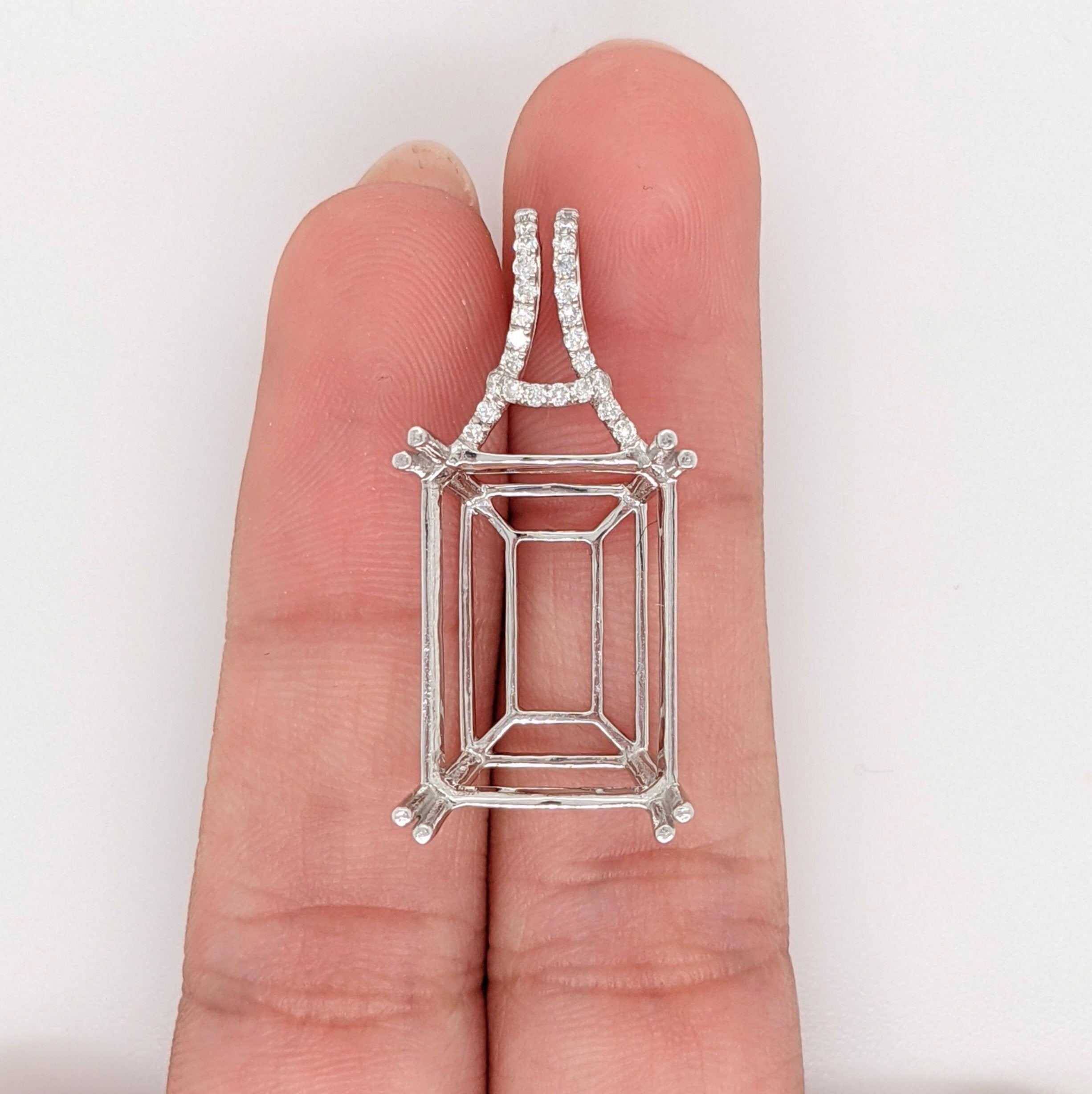 Pendants-Statement Pendant Setting W Natural Diamond Bail in 14K Solid Gold | Emerald Cut 16x12 18x8 18x13 | Large Pendant Setting | Customizable - NNJGemstones