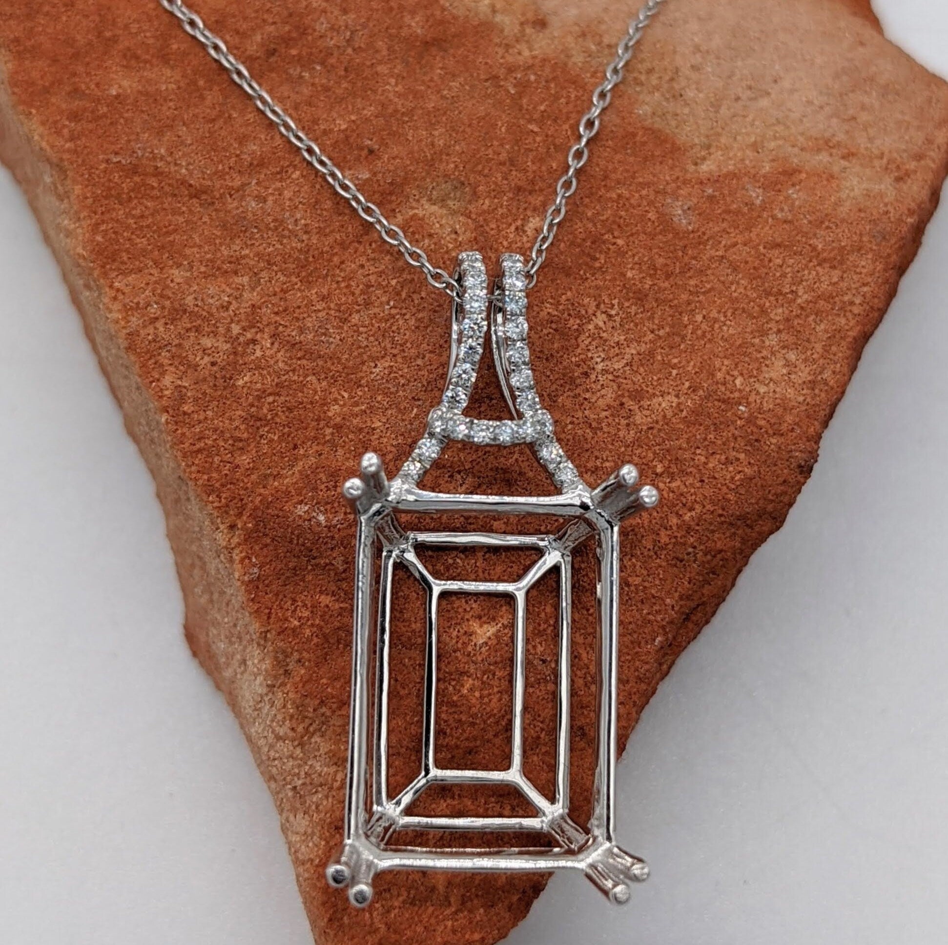 Pendants-Statement Pendant Setting W Natural Diamond Bail in 14K Solid Gold | Emerald Cut 16x12 18x8 18x13 | Large Pendant Setting | Customizable - NNJGemstones