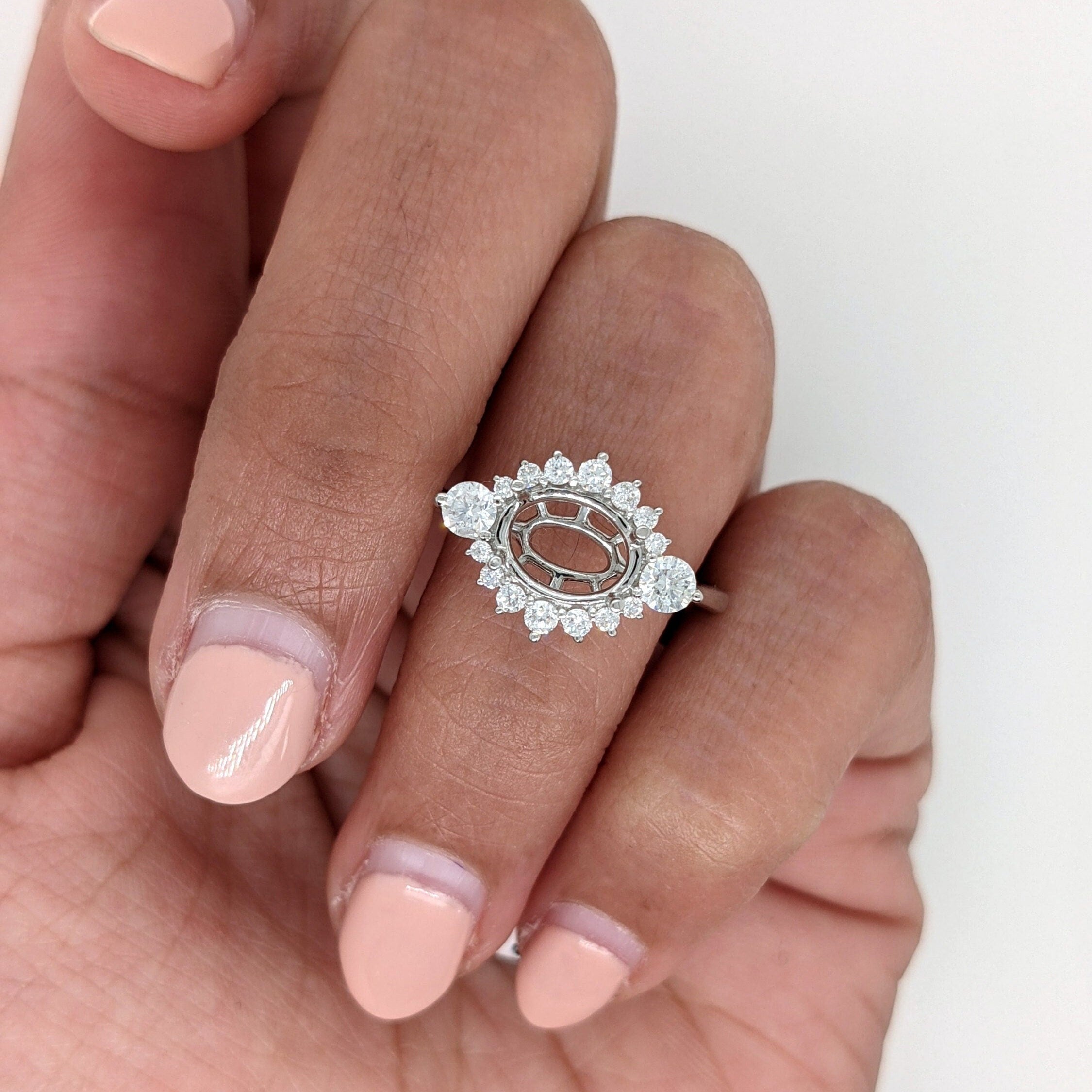 Statement Rings-East West Art Deco Ring Setting w Natural Diamond Accents in 14K Solid Gold | Oval 7x5 8x6 9x7 | Bridal Ring | Statement Ring | Customizable - NNJGemstones