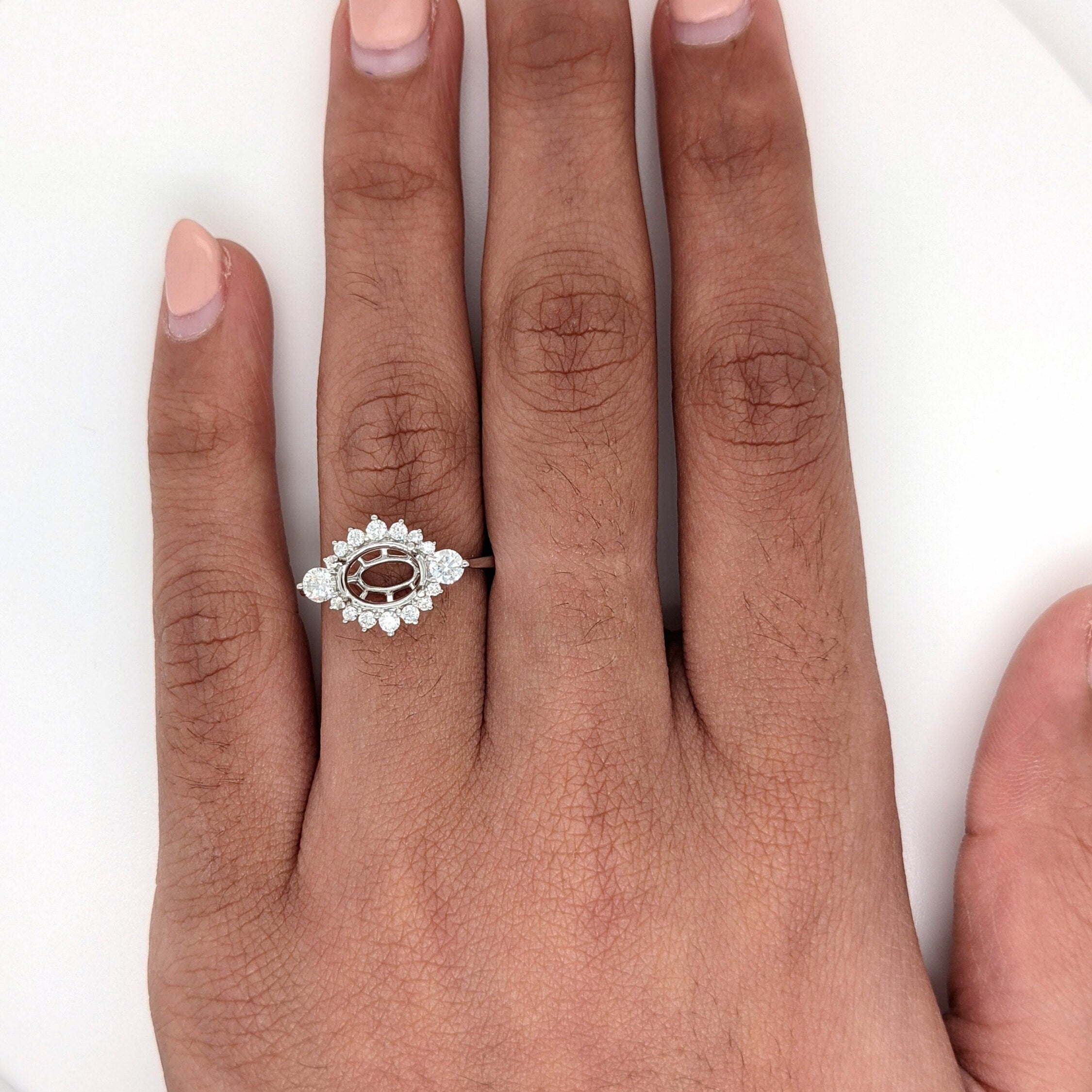 Statement Rings-East West Art Deco Ring Setting w Natural Diamond Accents in 14K Solid Gold | Oval 7x5 8x6 9x7 | Bridal Ring | Statement Ring | Customizable - NNJGemstones