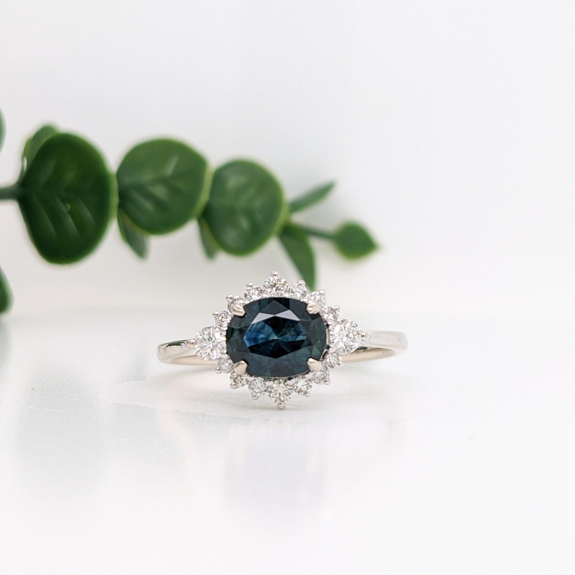 Statement Rings-East West Art Deco Ring Setting w Natural Diamond Accents in 14K Solid Gold | Oval 7x5 8x6 9x7 | Bridal Ring | Statement Ring | Customizable - NNJGemstones