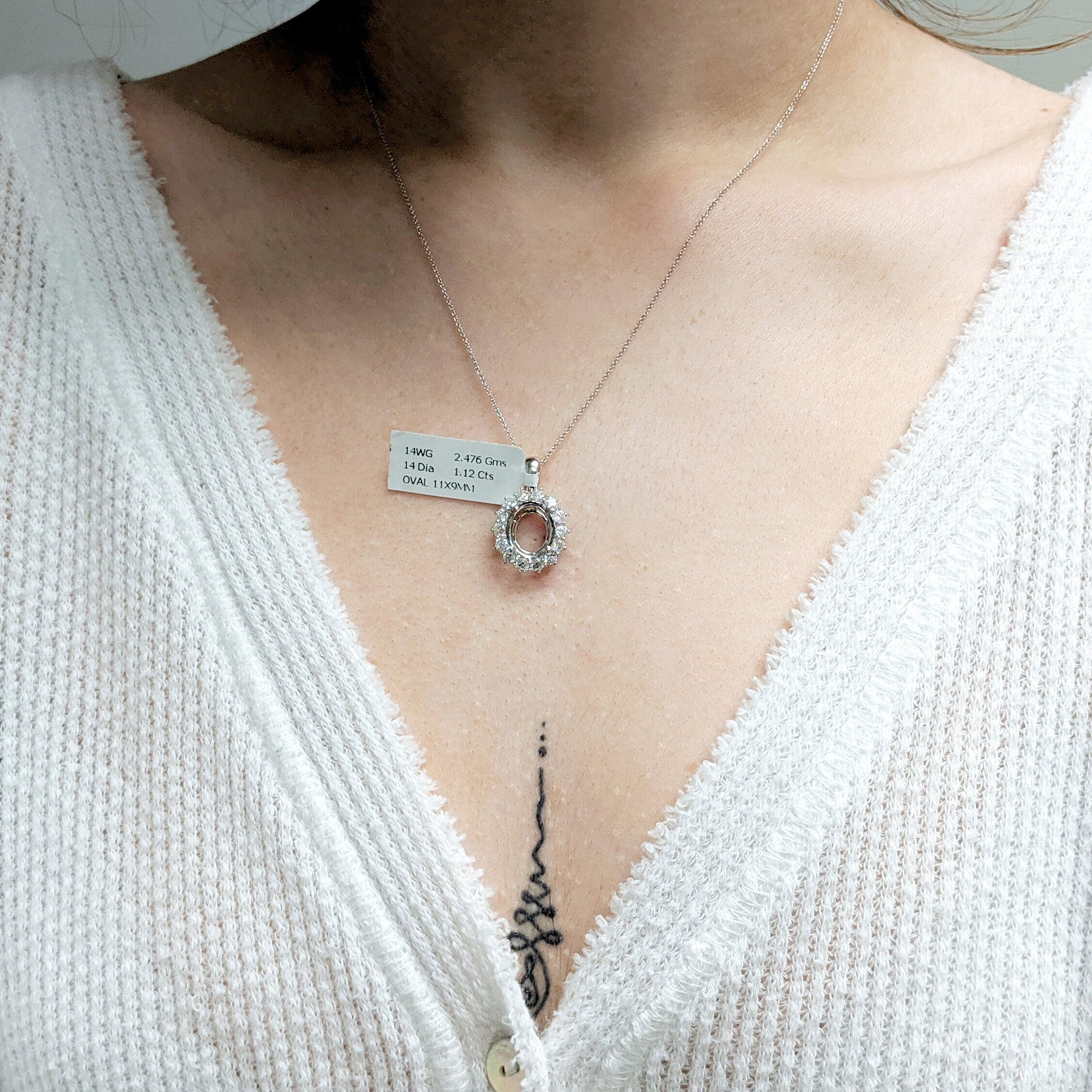 Pendants-Pretty Pendant Setting W Natural Diamond Halo in 14K Solid Gold | Oval Shape 9x7 10x8 11x9 12x10 | Gemstone Setting | Customizable - NNJGemstones