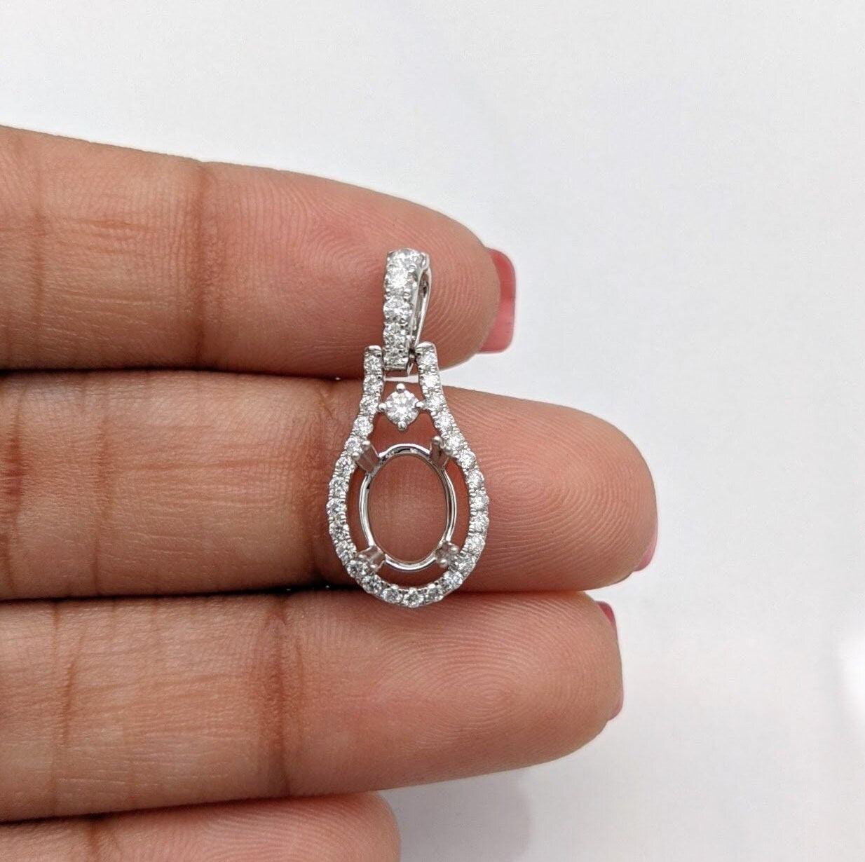 Pendants-Delicate Necklace Pendant Setting in 14K Gold with Diamond Halo | Oval Shape Semi Mount | 7x5mm 8x6mm 9x7mm | Push Present | Custom Jewelry - NNJGemstones