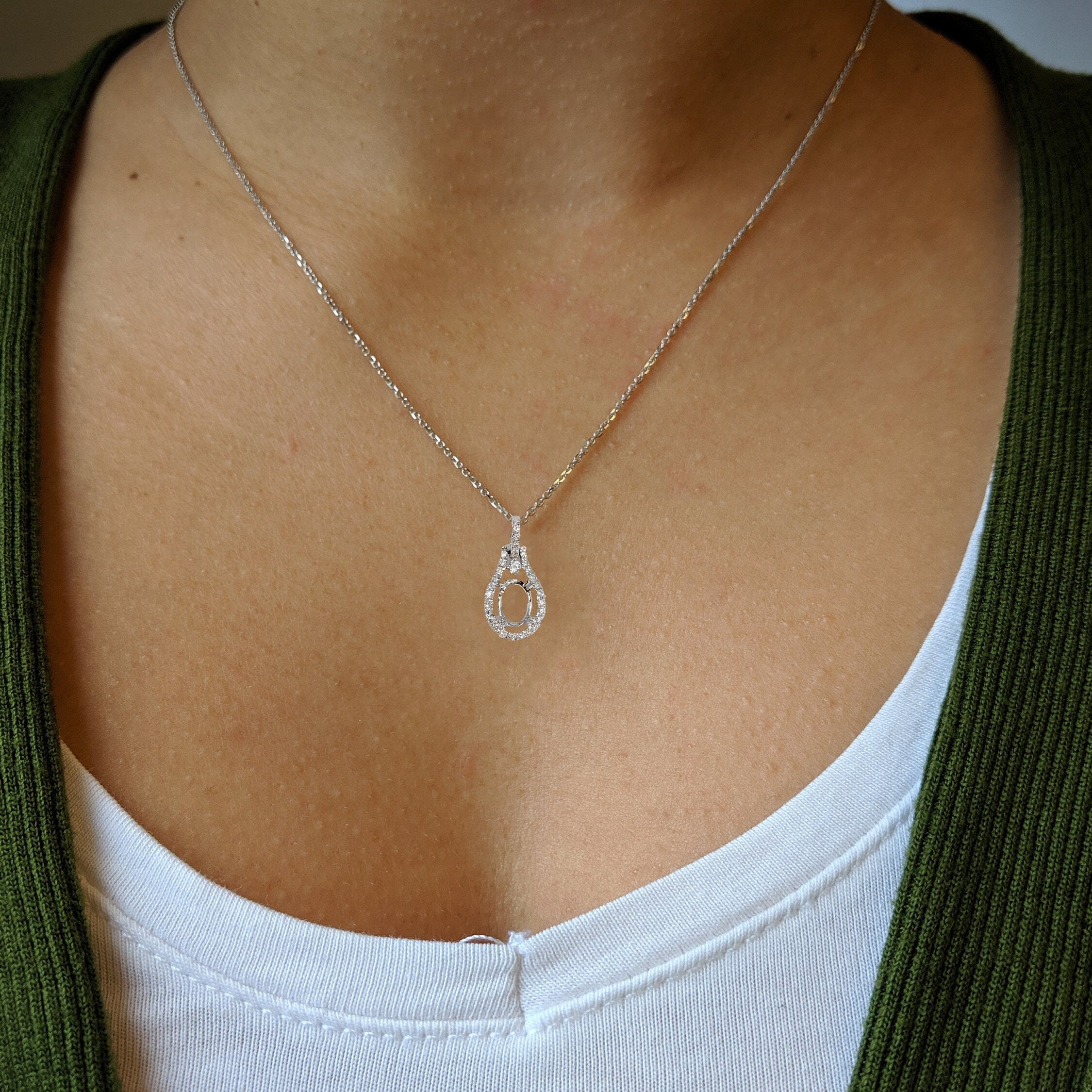 Pendants-Delicate Necklace Pendant Setting in 14K Gold with Diamond Halo | Oval Shape Semi Mount | 7x5mm 8x6mm 9x7mm | Push Present | Custom Jewelry - NNJGemstones