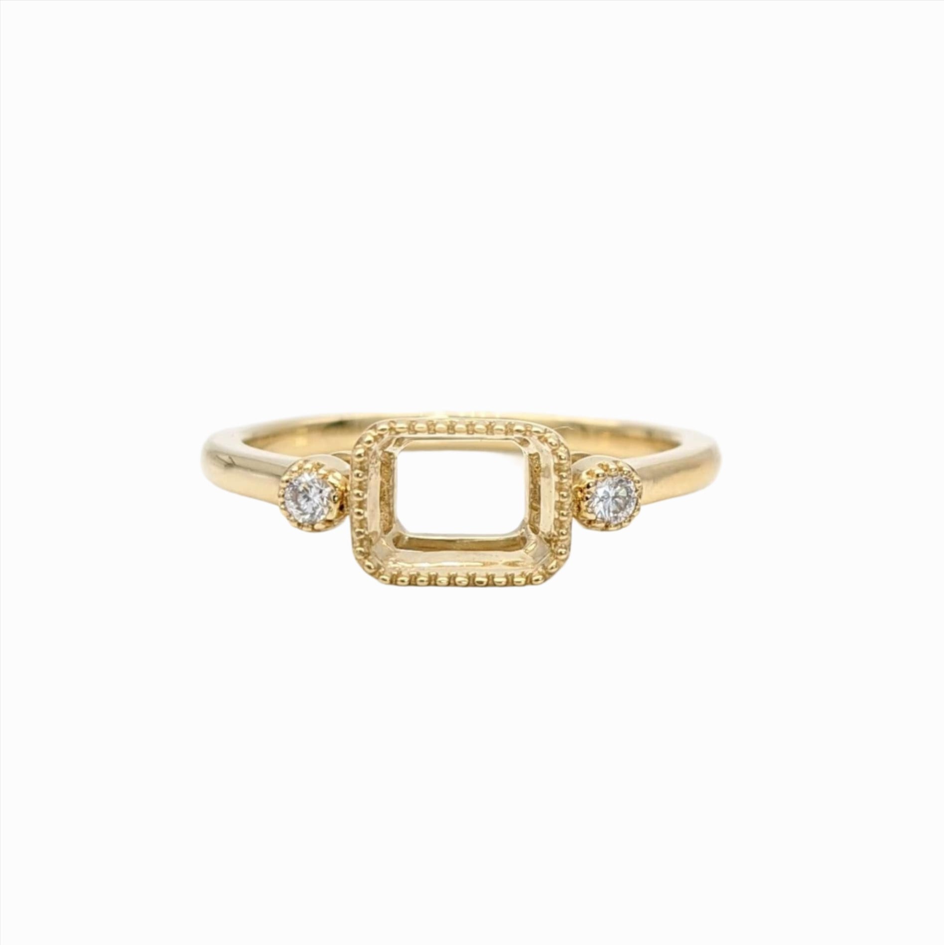Statement Rings-Cute Emerald Cut Ring Semi Mount in Solid 14k Gold w Diamond Accents | Milgrain Detail | 6x4 7x5 8x6 9x7 10x8 | East West Ring | Bezel Set - NNJGemstones