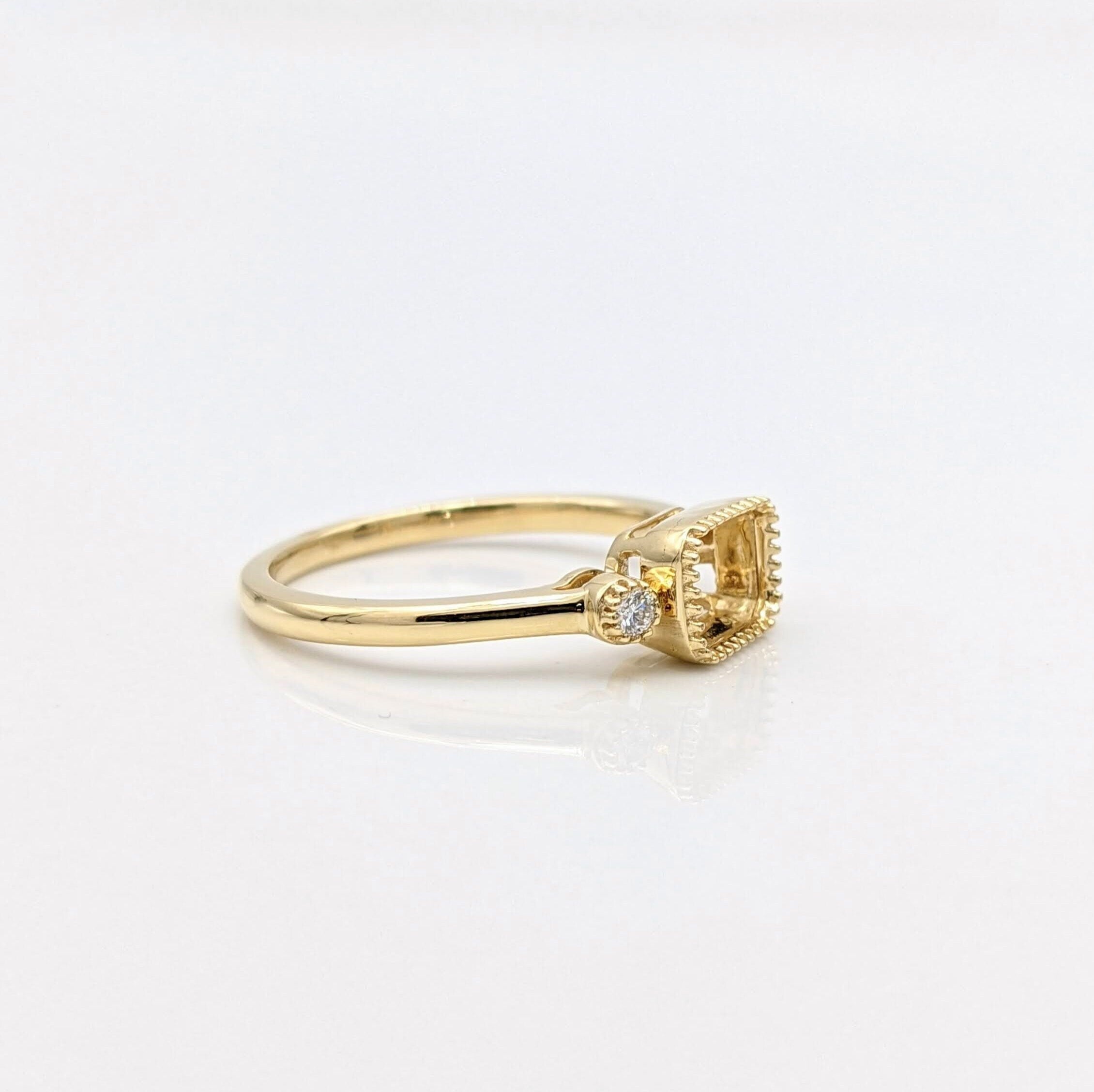Statement Rings-Cute Emerald Cut Ring Semi Mount in Solid 14k Gold w Diamond Accents | Milgrain Detail | 6x4 7x5 8x6 9x7 10x8 | East West Ring | Bezel Set - NNJGemstones