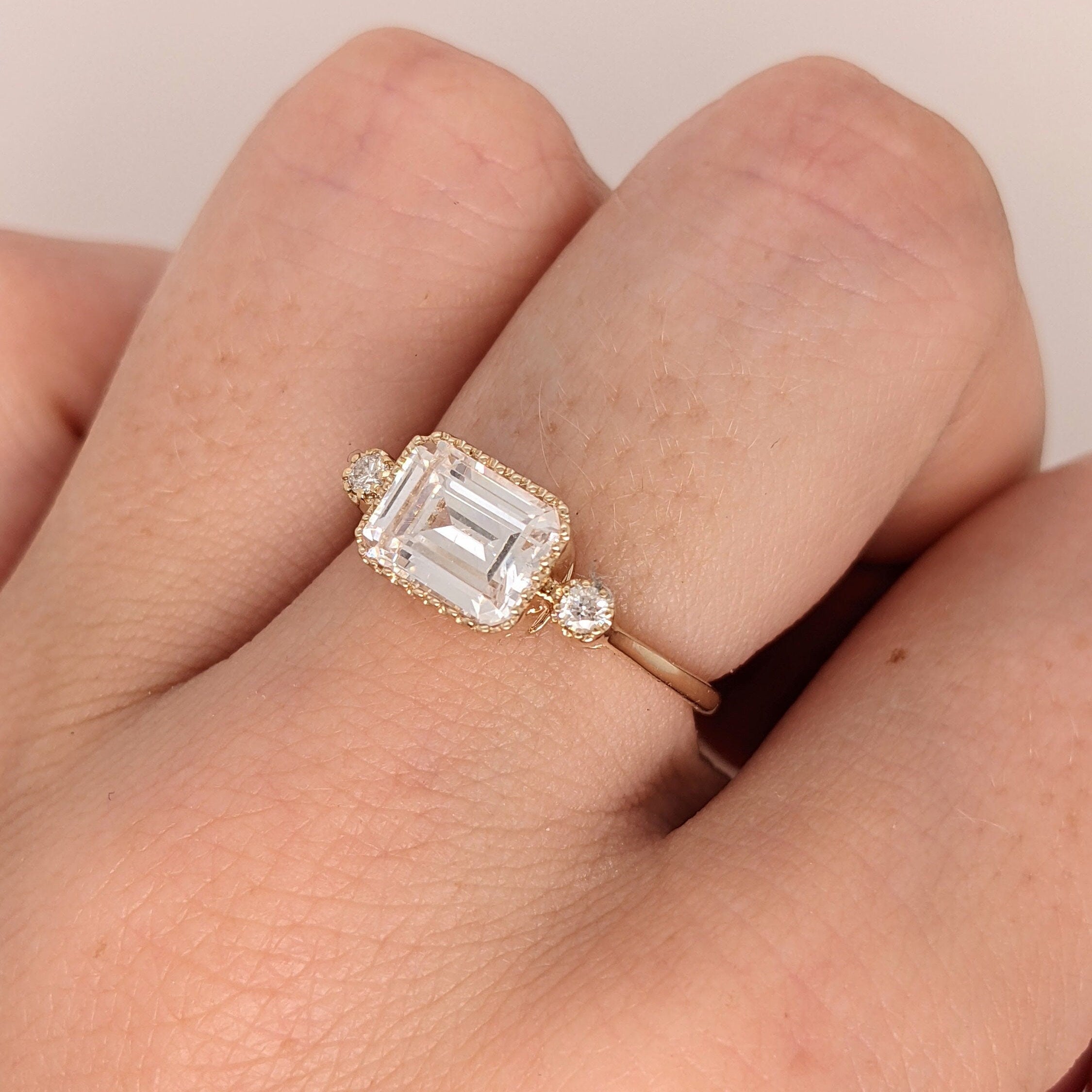 Statement Rings-Cute Emerald Cut Ring Semi Mount in Solid 14k Gold w Diamond Accents | Milgrain Detail | 6x4 7x5 8x6 9x7 10x8 | East West Ring | Bezel Set - NNJGemstones