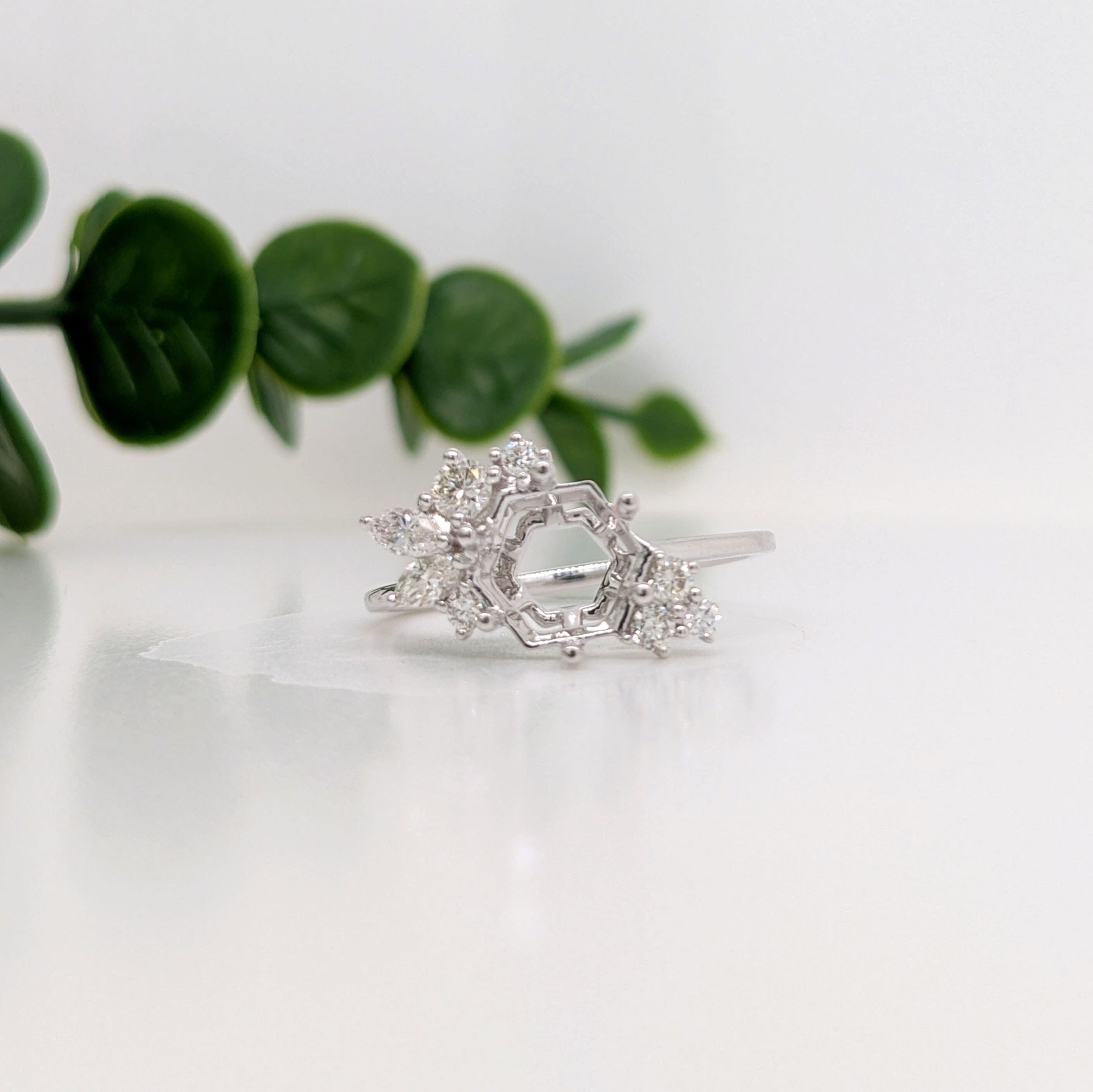 Statement Rings-Avant Garde Round & Marquise Diamond Ring Setting in 14K Solid Gold | Hexagon Shape 7x5 8x6 9x7 | Art Deco Statement Ring | Customizable - NNJGemstones