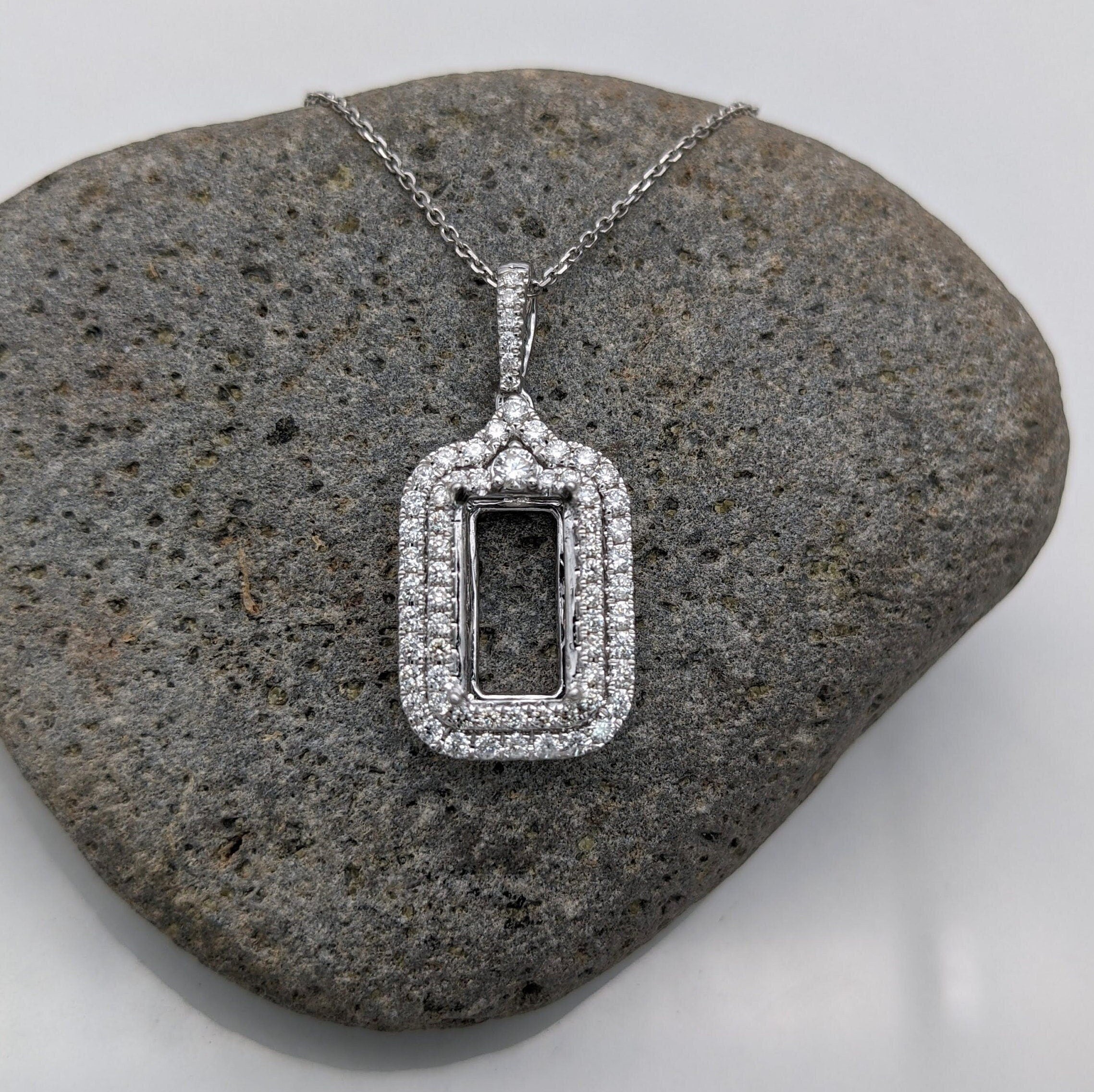 Pendants-Double Diamond Halo Pendant Semi Mount in Solid 14K Gold | Baguette | Emerald Cut | Radiant | Necklace | Custom Jewelry - NNJGemstones