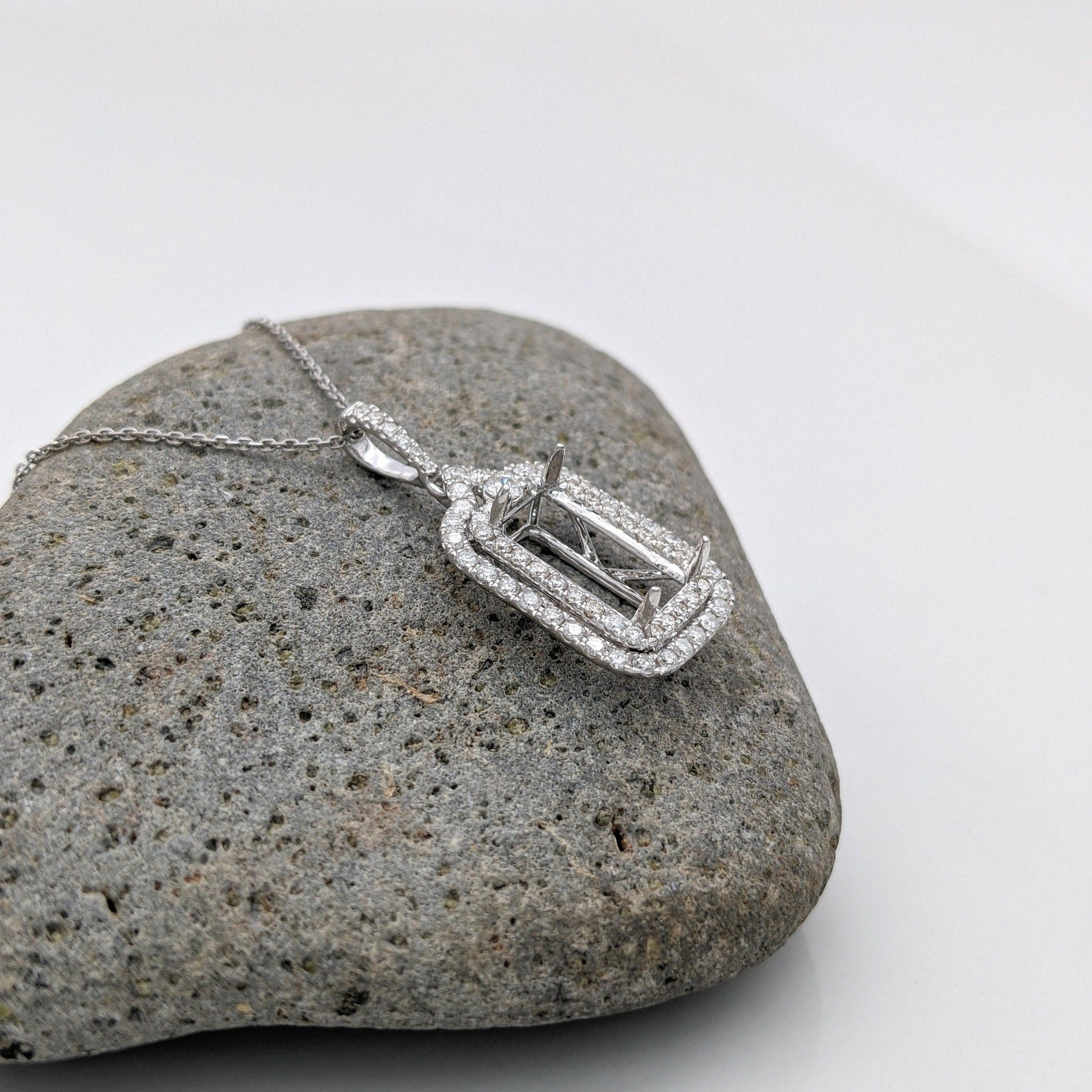 Pendants-Double Diamond Halo Pendant Semi Mount in Solid 14K Gold | Baguette | Emerald Cut | Radiant | Necklace | Custom Jewelry - NNJGemstones