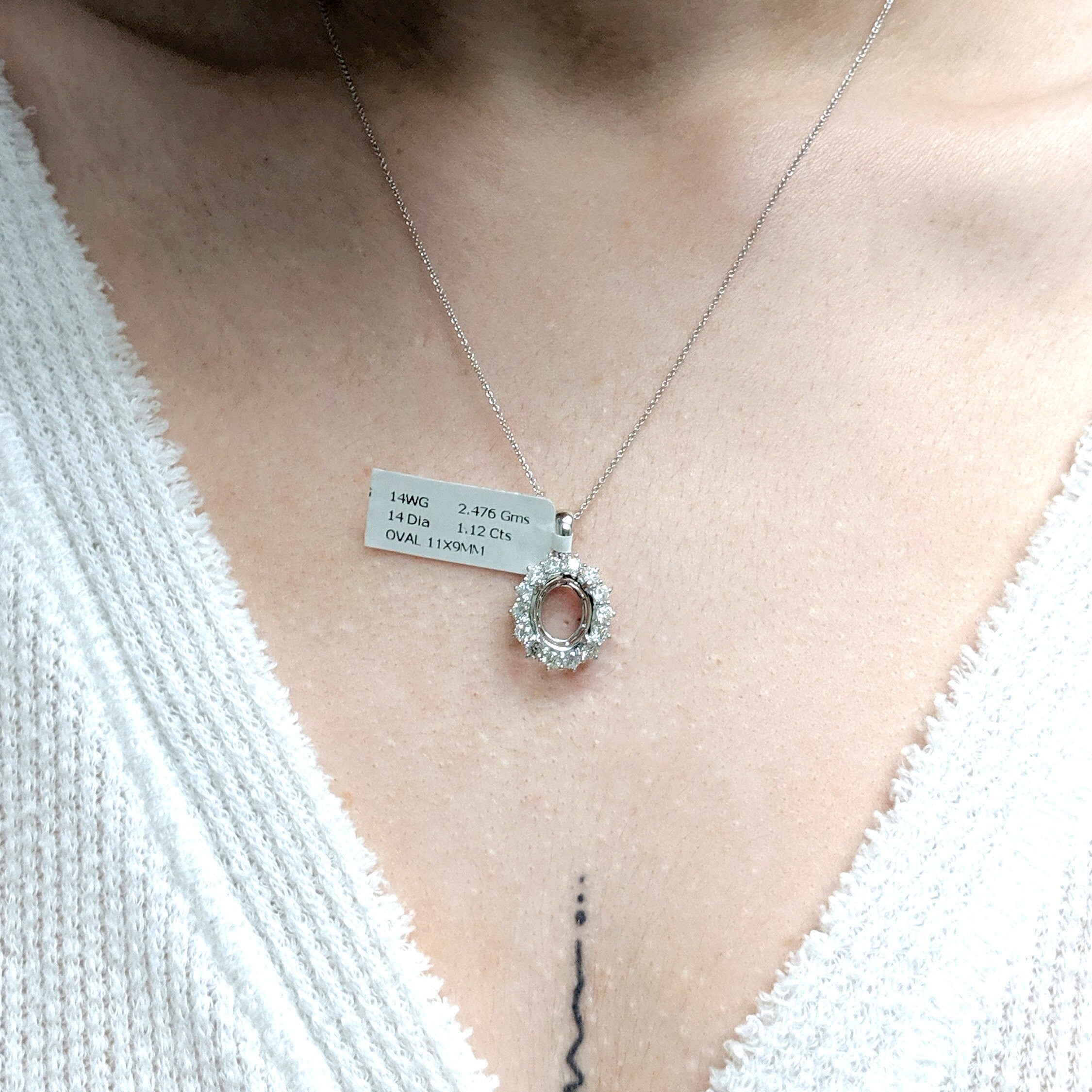 Pendants-Pretty Pendant Setting W Natural Diamond Halo in 14K Solid Gold | Oval Shape 9x7 10x8 11x9 12x10 | Gemstone Setting | Customizable - NNJGemstones