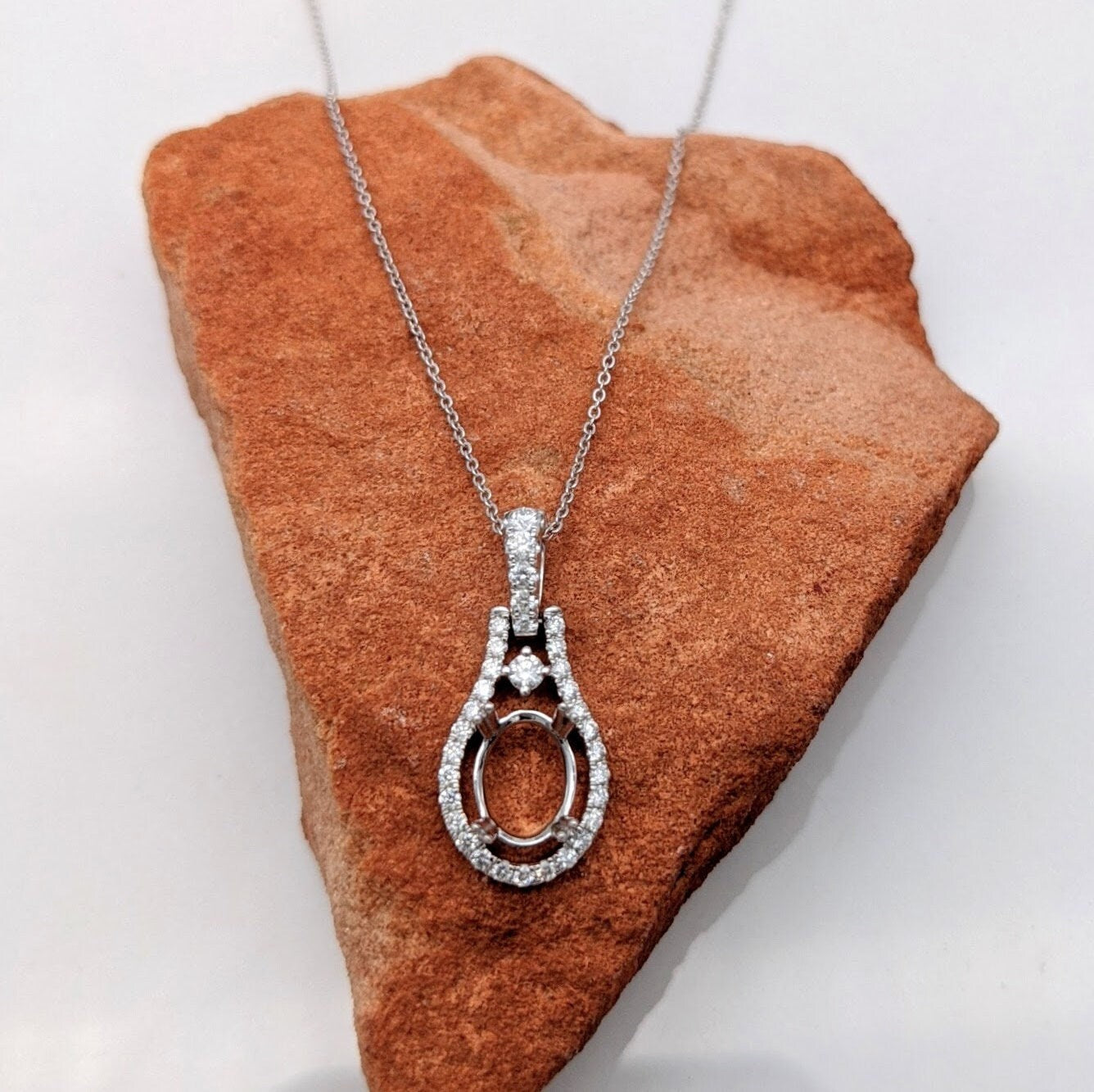 Pendants-Delicate Necklace Pendant Setting in 14K Gold with Diamond Halo | Oval Shape Semi Mount | 7x5mm 8x6mm 9x7mm | Push Present | Custom Jewelry - NNJGemstones