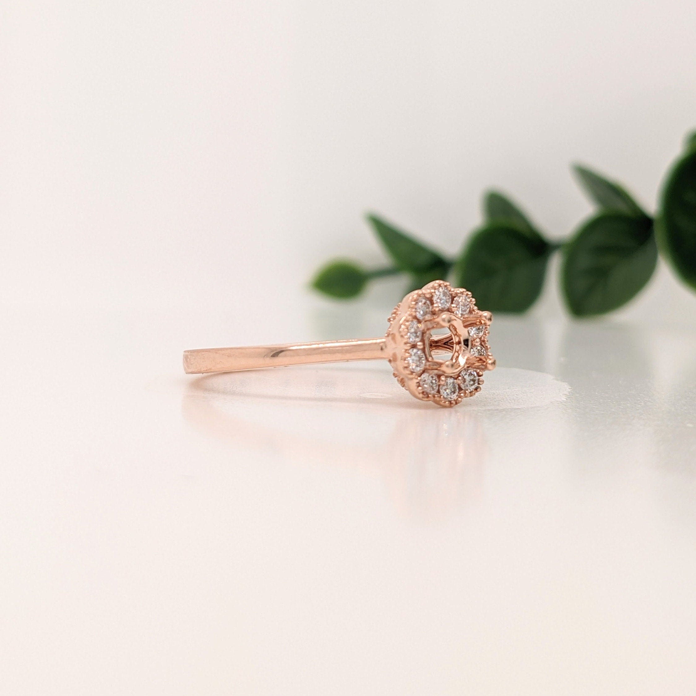 Statement Rings-Dainty Scalloped Ring Setting W Natural Diamond Halo in 14K Solid Gold | Round 3mm 4mm 5mm | Milgrain Details | Floral Design | Customizable - NNJGemstones