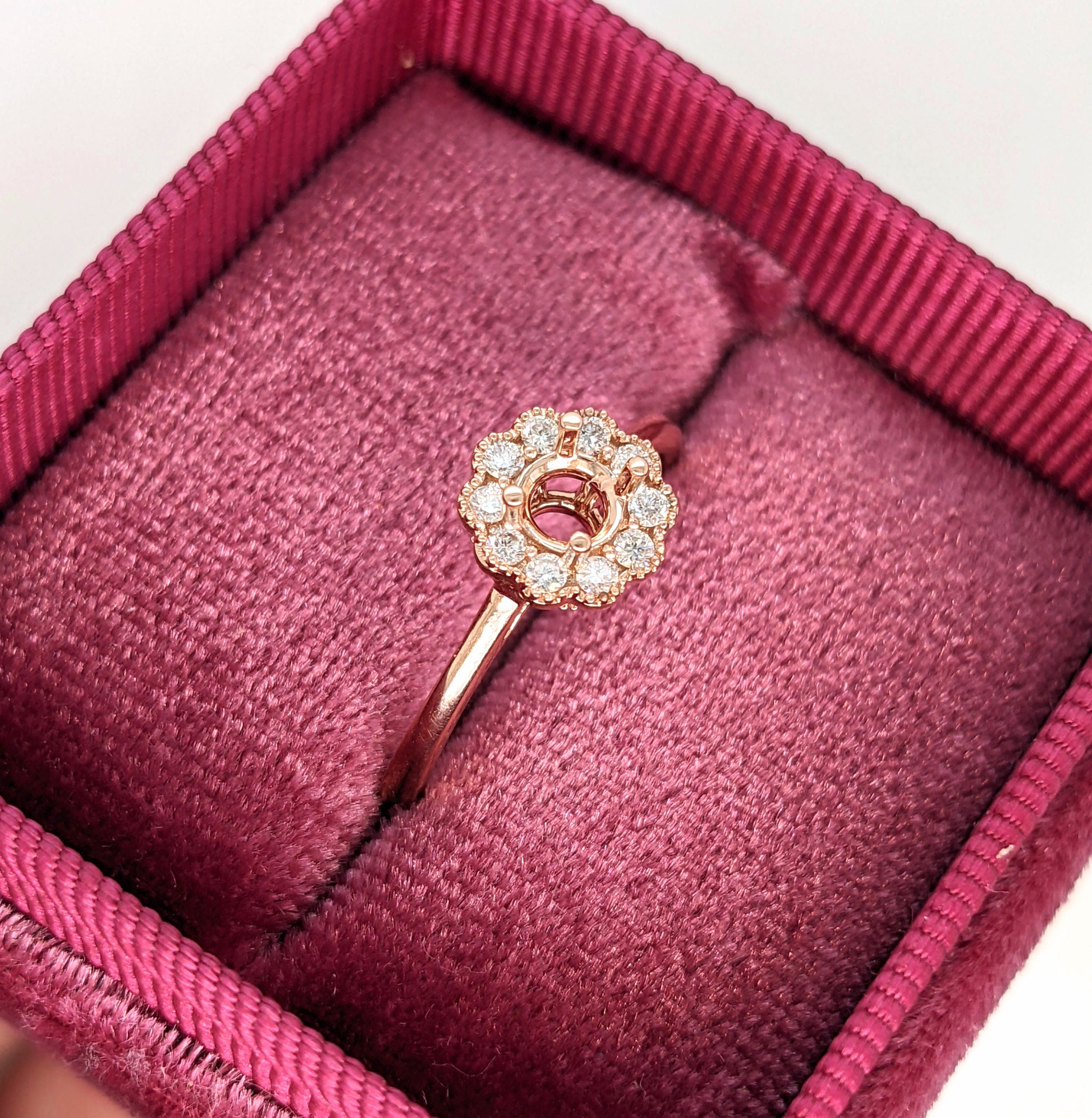 Statement Rings-Dainty Scalloped Ring Setting W Natural Diamond Halo in 14K Solid Gold | Round 3mm 4mm 5mm | Milgrain Details | Floral Design | Customizable - NNJGemstones