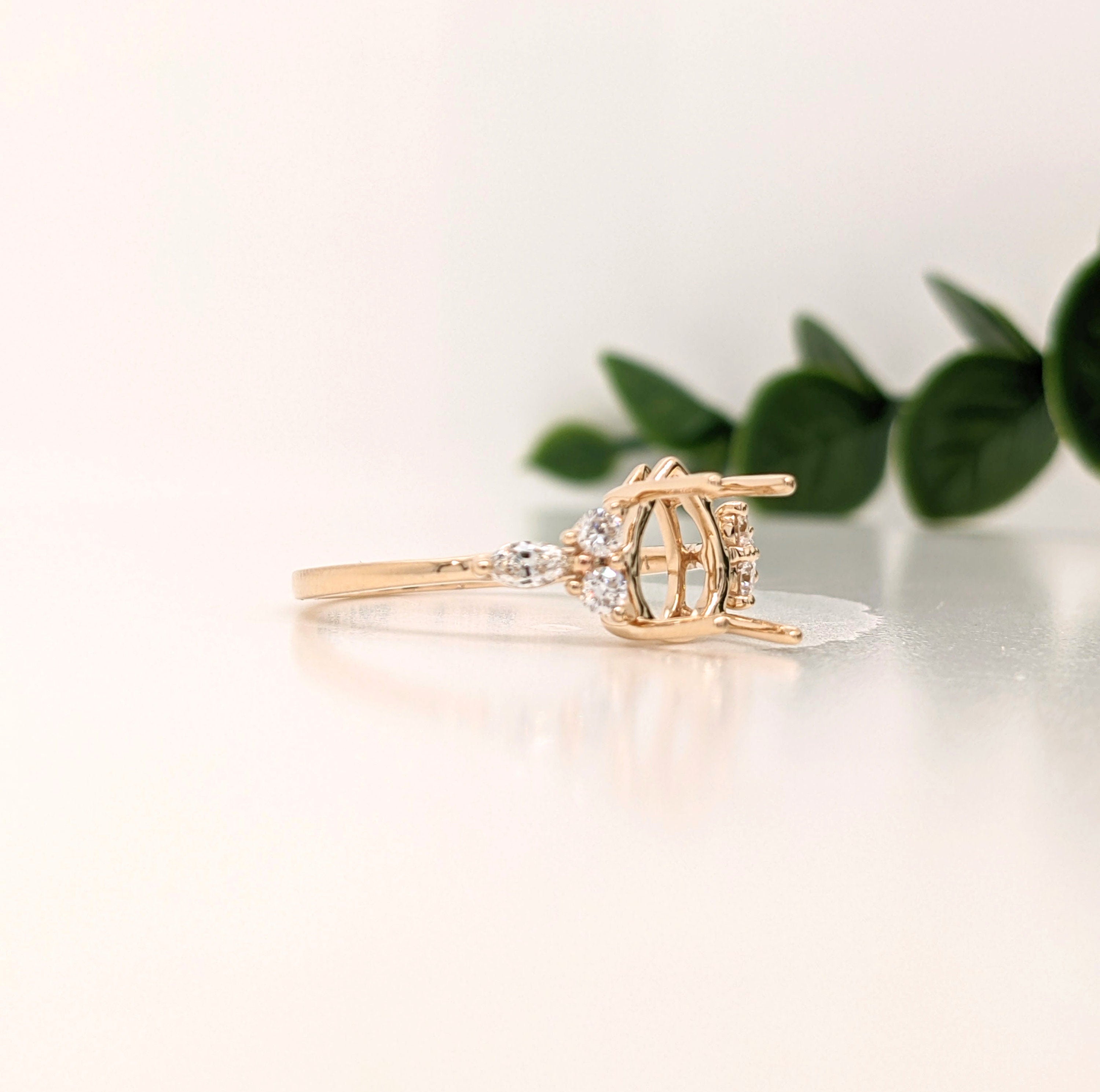 Statement Rings-Lovely Gemstone Ring Setting w Round & Marquise Diamond Accents in 14K Solid Gold | Tear Drop 7x5 8x6 9x7 | Minimalist Ring | Customizable - NNJGemstones