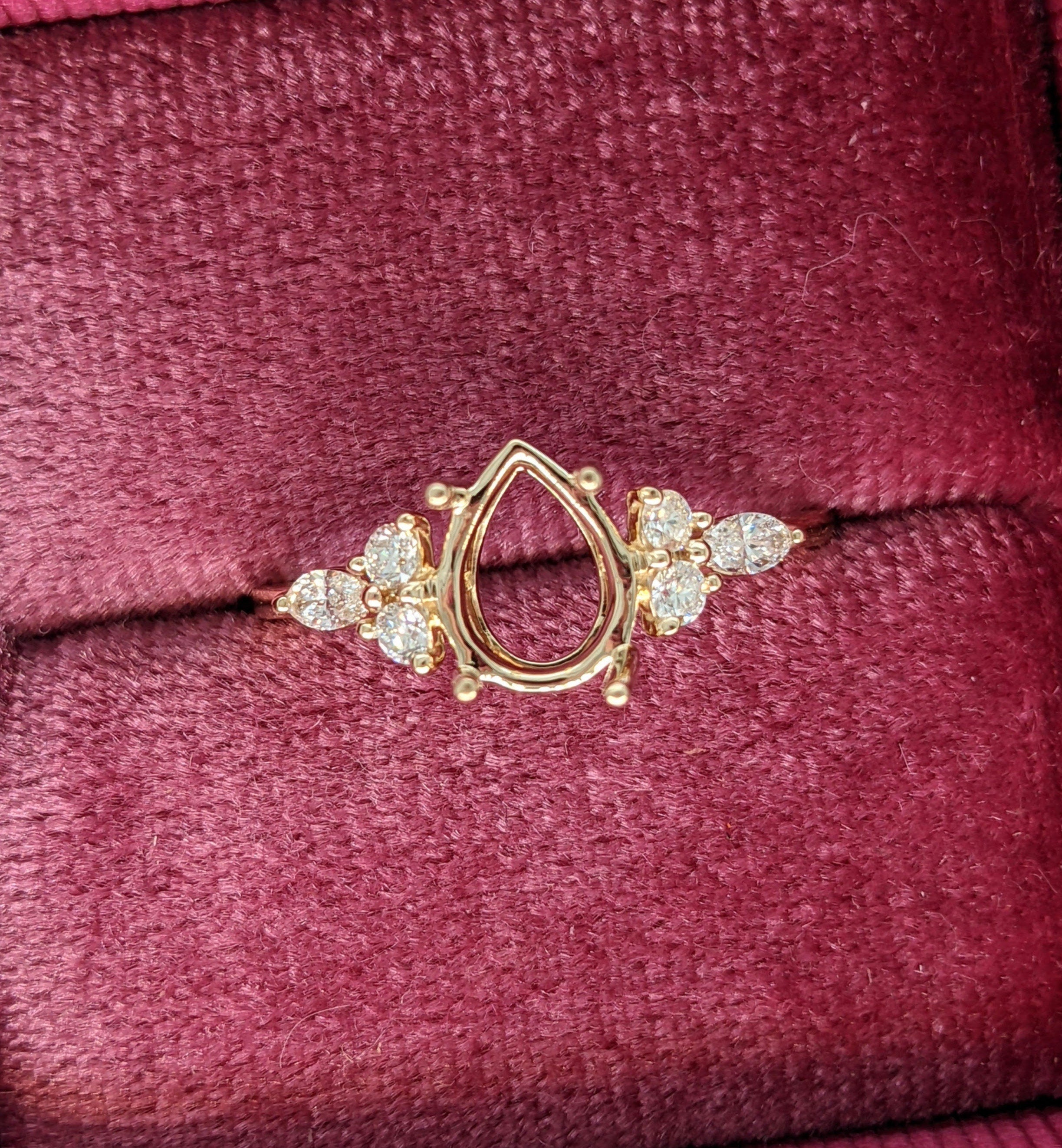 Statement Rings-Lovely Gemstone Ring Setting w Round & Marquise Diamond Accents in 14K Solid Gold | Tear Drop 7x5 8x6 9x7 | Minimalist Ring | Customizable - NNJGemstones