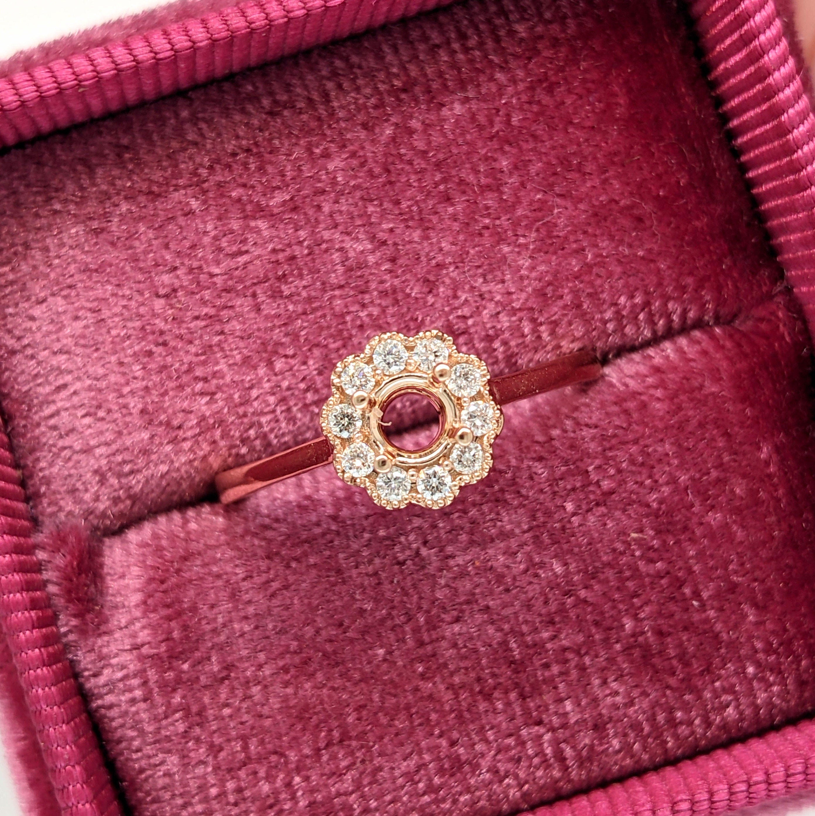 Statement Rings-Dainty Scalloped Ring Setting W Natural Diamond Halo in 14K Solid Gold | Round 3mm 4mm 5mm | Milgrain Details | Floral Design | Customizable - NNJGemstones