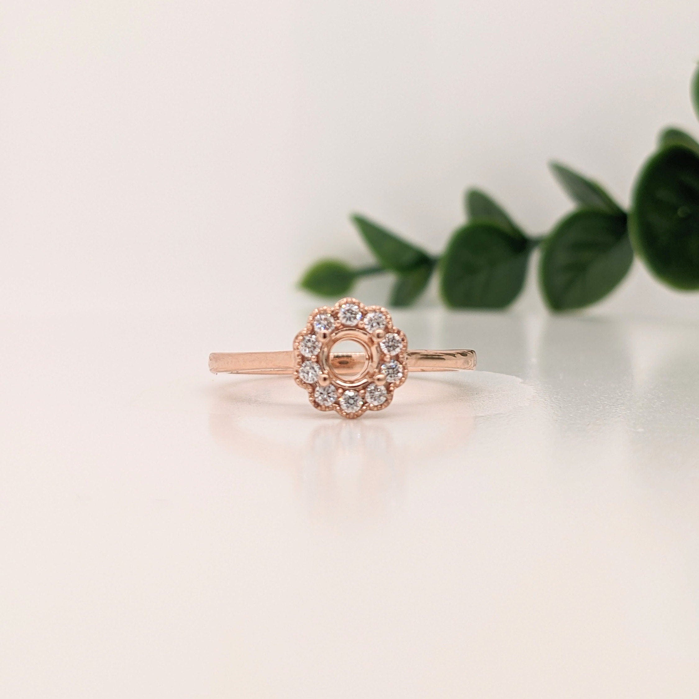 Statement Rings-Dainty Scalloped Ring Setting W Natural Diamond Halo in 14K Solid Gold | Round 3mm 4mm 5mm | Milgrain Details | Floral Design | Customizable - NNJGemstones