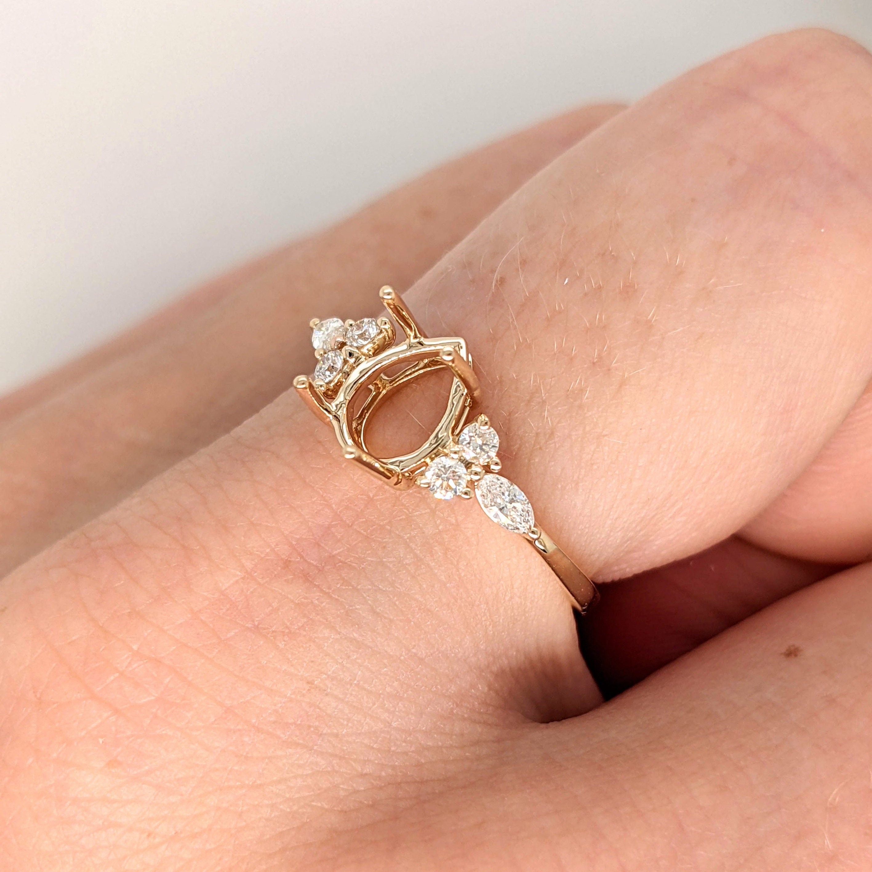 Statement Rings-Lovely Gemstone Ring Setting w Round & Marquise Diamond Accents in 14K Solid Gold | Tear Drop 7x5 8x6 9x7 | Minimalist Ring | Customizable - NNJGemstones