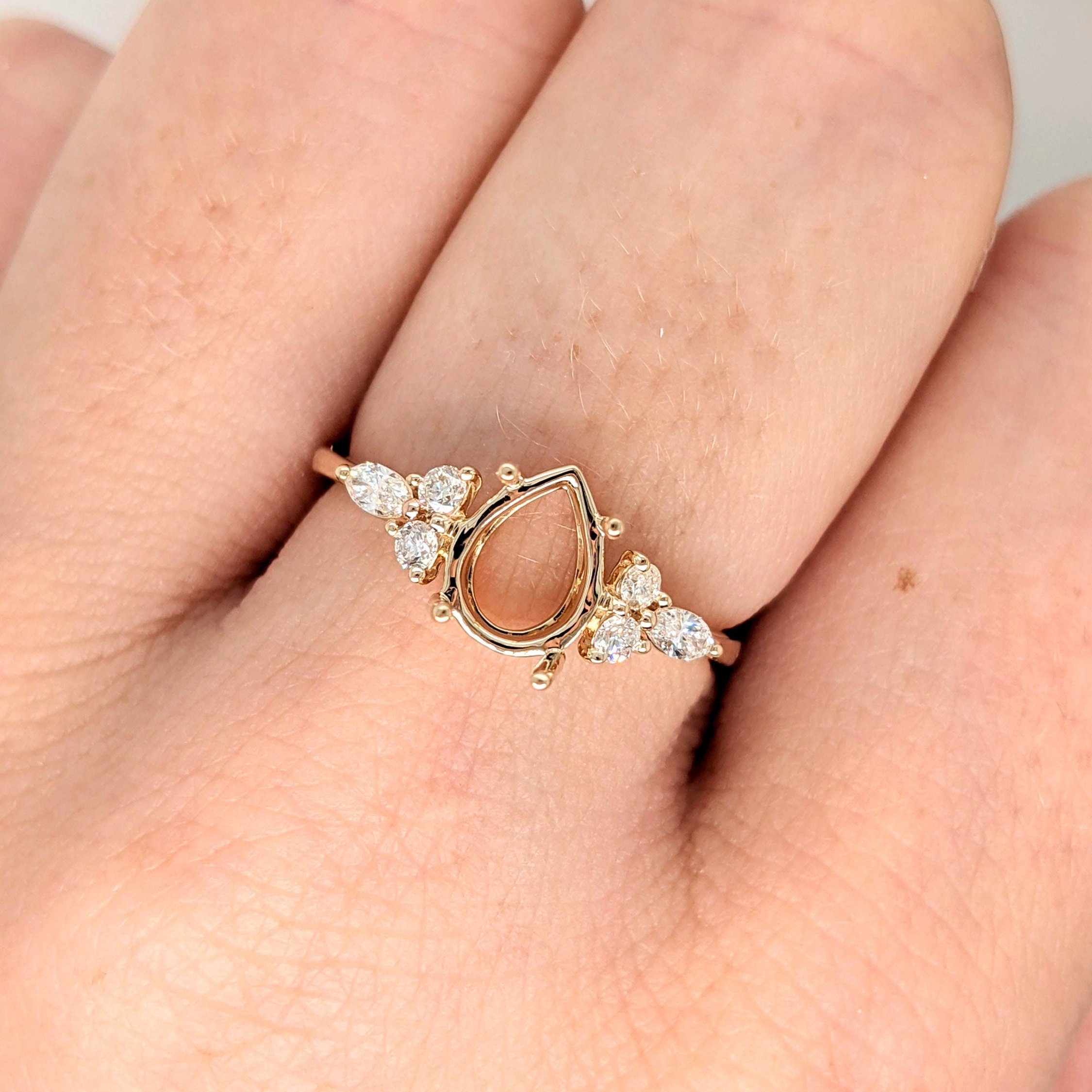 Statement Rings-Lovely Gemstone Ring Setting w Round & Marquise Diamond Accents in 14K Solid Gold | Tear Drop 7x5 8x6 9x7 | Minimalist Ring | Customizable - NNJGemstones