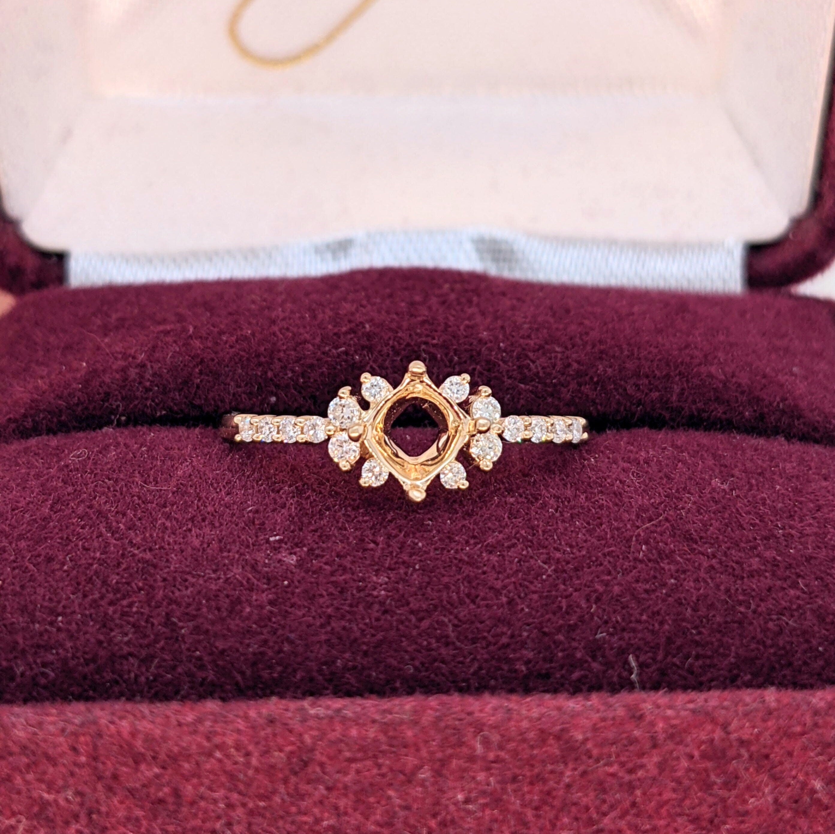 Statement Rings-Dainty Ring Setting w Natural Diamond Accents in 14K Solid Gold | Asscher Cut 4mm 4.5mm 5mm | Compass Prongs | Gemstone Ring | Customizable - NNJGemstones