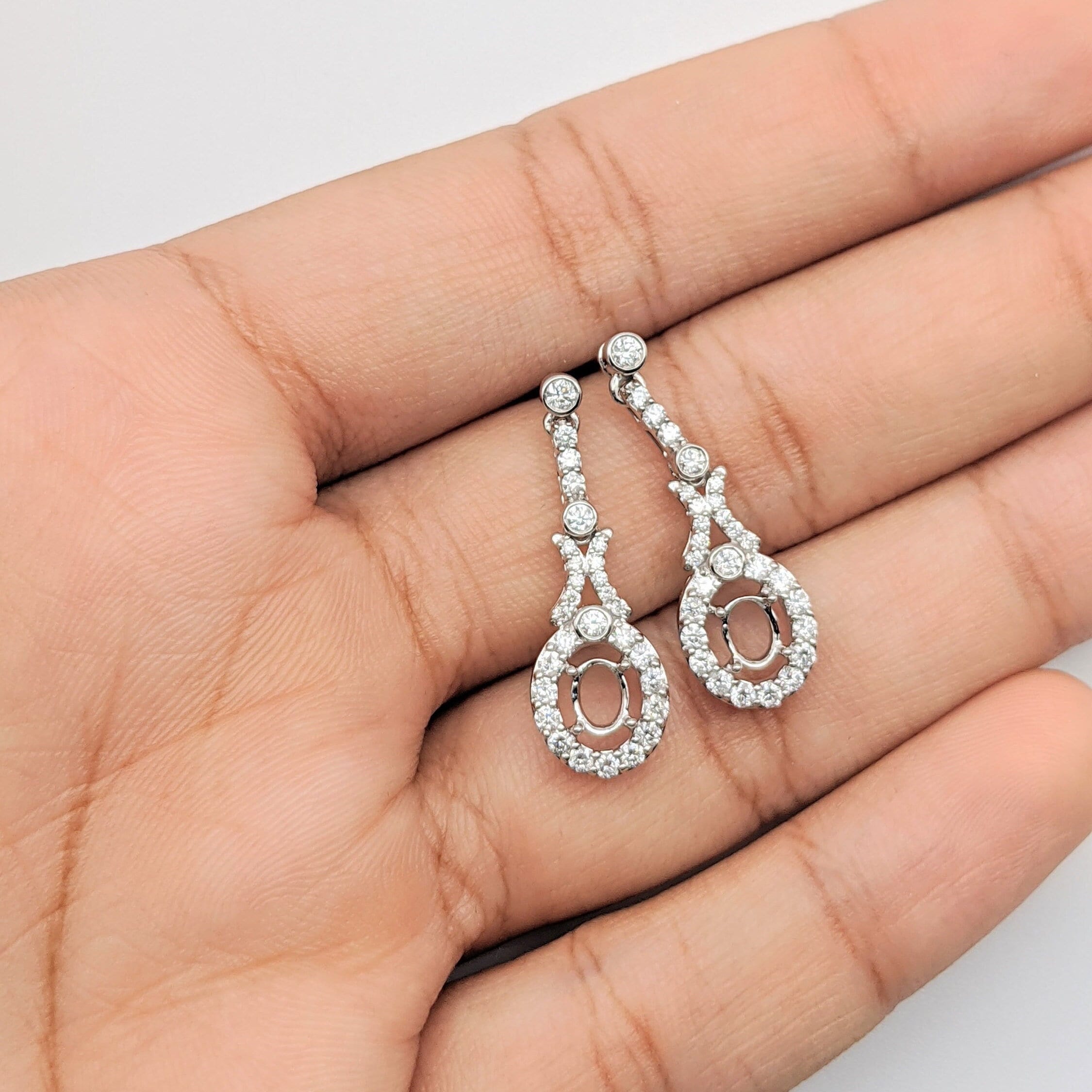 Dangle & Drop Earrings-Lovely Natural Diamond Dangling Earring Semi Mounts in Solid 14k Gold | 5x3.5mm Oval Center Setting | Gemstone Stone Setting | Customizable - NNJGemstones