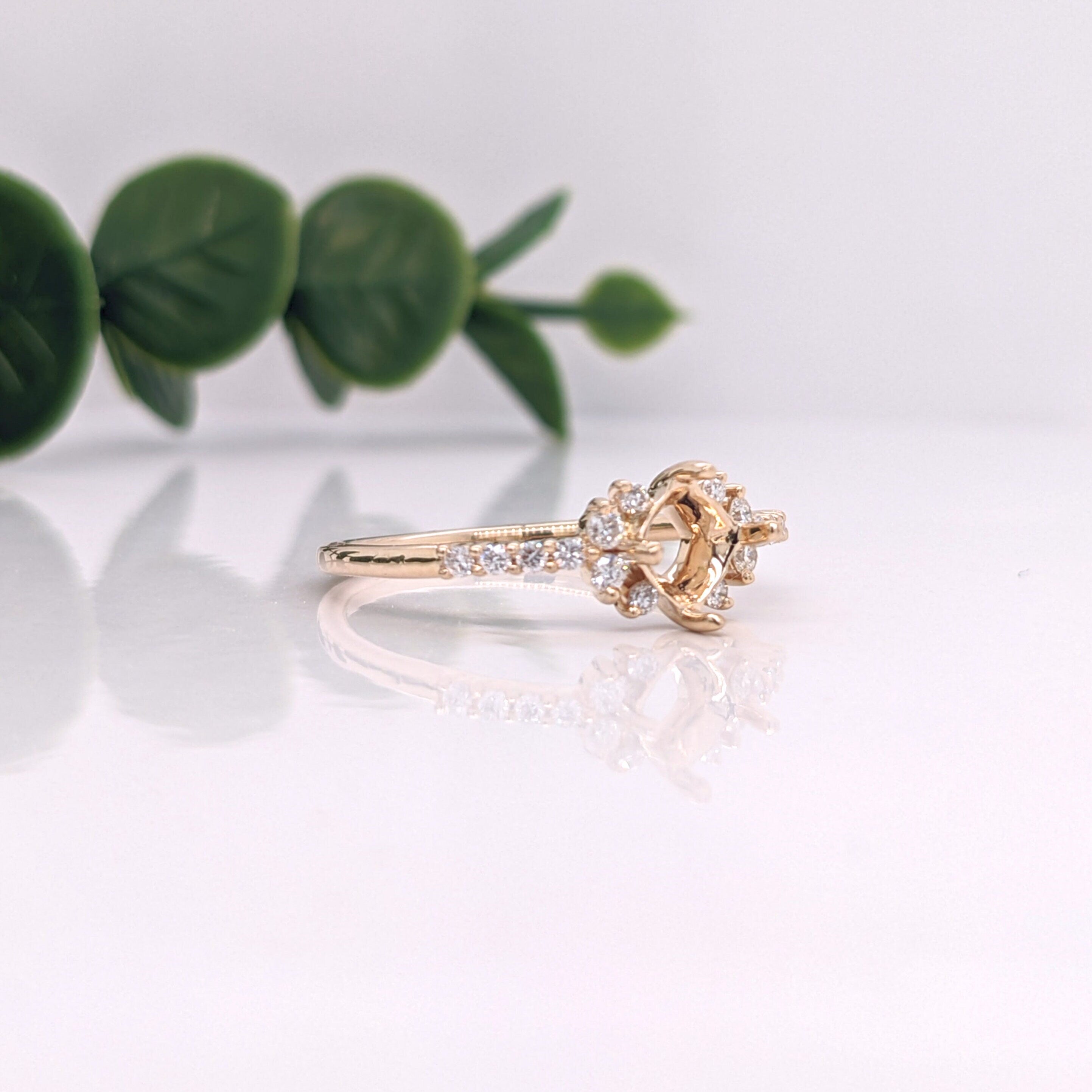 Statement Rings-Dainty Ring Setting w Natural Diamond Accents in 14K Solid Gold | Asscher Cut 4mm 4.5mm 5mm | Compass Prongs | Gemstone Ring | Customizable - NNJGemstones